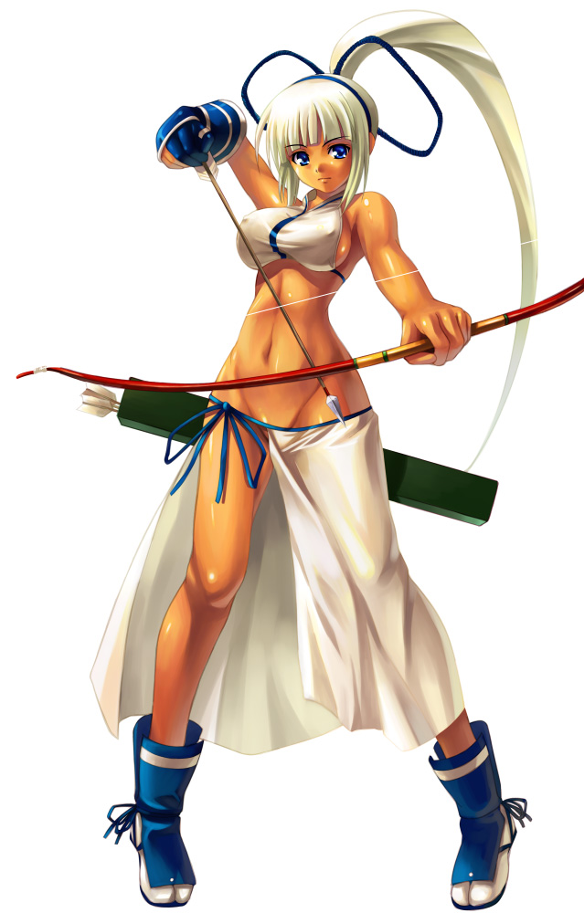 akamaru, majikina mina, samurai spirits, snk, 1girl, arrow (projectile), bare arms, bare shoulders, blue eyes, blunt bangs, blush, bow (weapon), breasts, closed mouth, covered erect nipples, female focus, full body, groin, holding, holding arrow, holding bow (weapon), holding weapon, large breasts, long hair, midriff, navel, no panties, ponytail, quiver, revealing clothes, ribbon, sarong, sideboob, sidelocks, simple background, solo, standing, stomach, tan, very long hair, weapon, white background, white hair, white sarong
