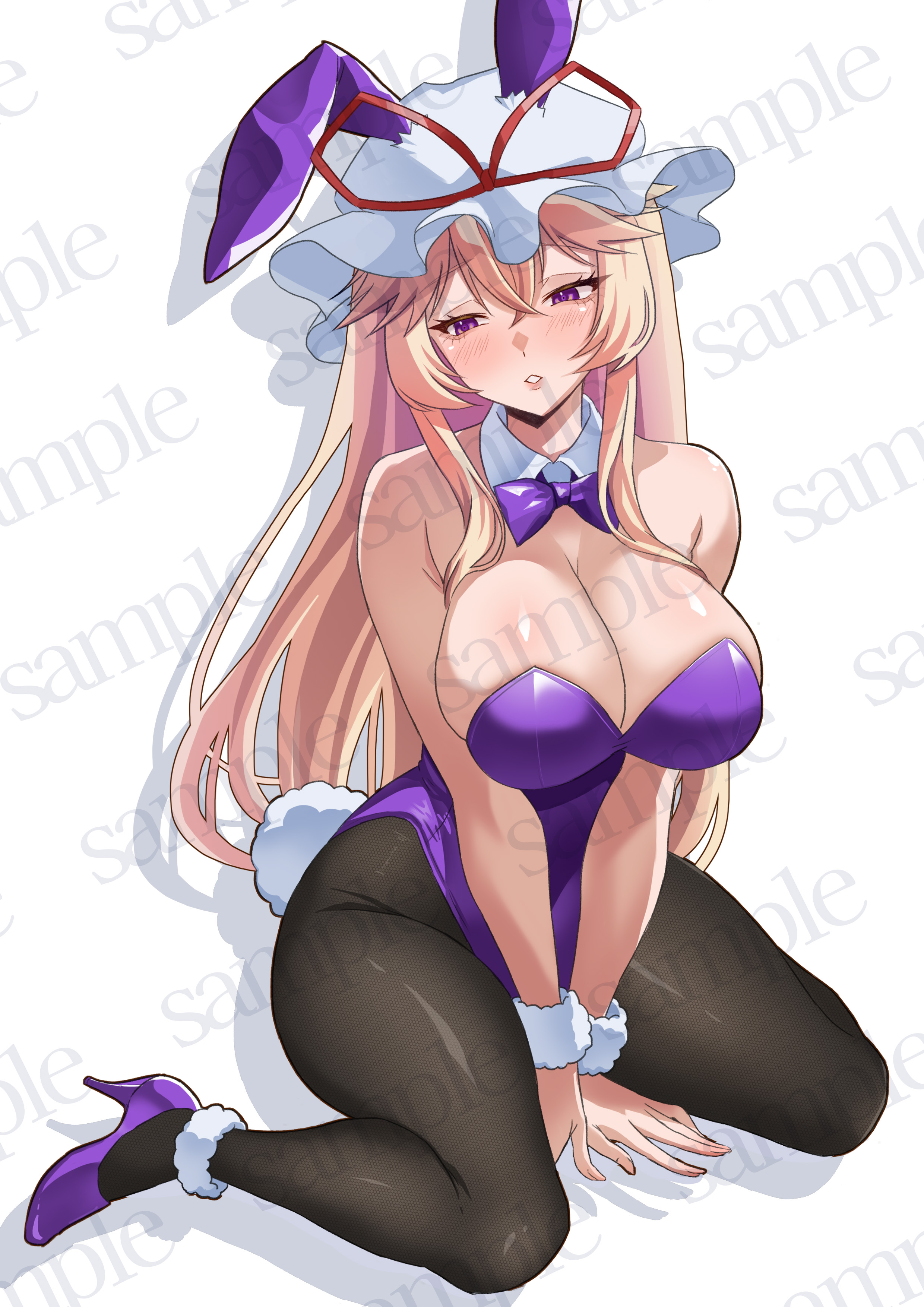 0002koko, yakumo yukari, touhou, absurdres, highres, 1girl, animal ears, blonde hair, blush, bow, bowtie, breasts, bunny day, embarrassed, fake animal ears, fake tail, hair between eyes, hat, high heels, large breasts, leotard, long hair, mob cap, pantyhose, playboy bunny, purple bow, purple bowtie, purple eyes, purple leotard, purple shoes, rabbit ears, rabbit tail, sample watermark, shoes, sitting, solo, tail, thighhighs, wariza, watermark, white background, wrist cuffs