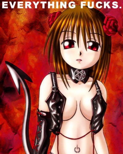 lowres, brown hair, collar, demon tail, detached sleeves, english text, engrish text, flower, open clothes, open shirt, ranguage, red eyes, rose, shirt, solo, tail, truth
