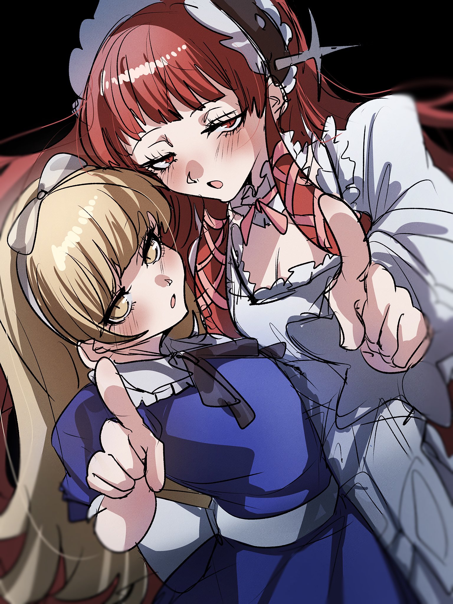 yuyuy 00, alice (megami tensei), yoshino chidori, persona, persona 3, shin megami tensei, highres, 2girls, :o, black background, black ribbon, blonde hair, blue dress, blunt bangs, blush, bow, breasts, cleavage, collar, detached collar, dress, flat chest, frilled collar, frills, hairband, lolita fashion, long hair, looking at viewer, maid headdress, multiple girls, open mouth, pointing, pointing at viewer, red eyes, red hair, ribbon, sash, sidelocks, simple background, small breasts, straight hair, white bow, white collar, white dress, white hairband, white sash, yellow eyes