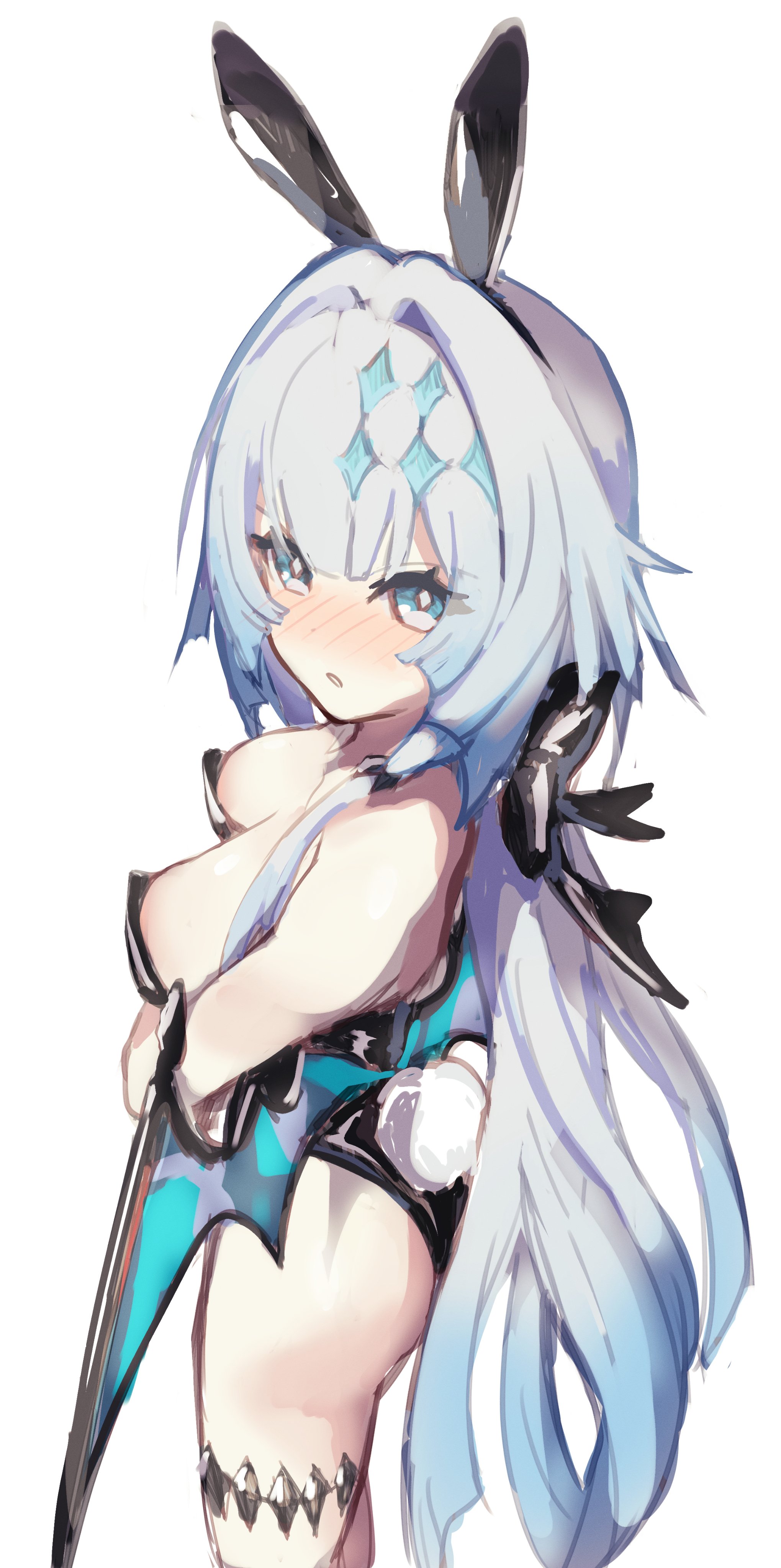 takahashi hizumi, cerydra (honkai: star rail), honkai: star rail, honkai (series), absurdres, highres, 1girl, alternate costume, animal ears, bare shoulders, black leotard, blue eyes, blue hair, blush, breasts, cleavage, fake animal ears, fake tail, from above, leotard, long hair, looking at viewer, medium breasts, playboy bunny, rabbit ears, rabbit tail, simple background, solo, tail, very long hair, white background, wings