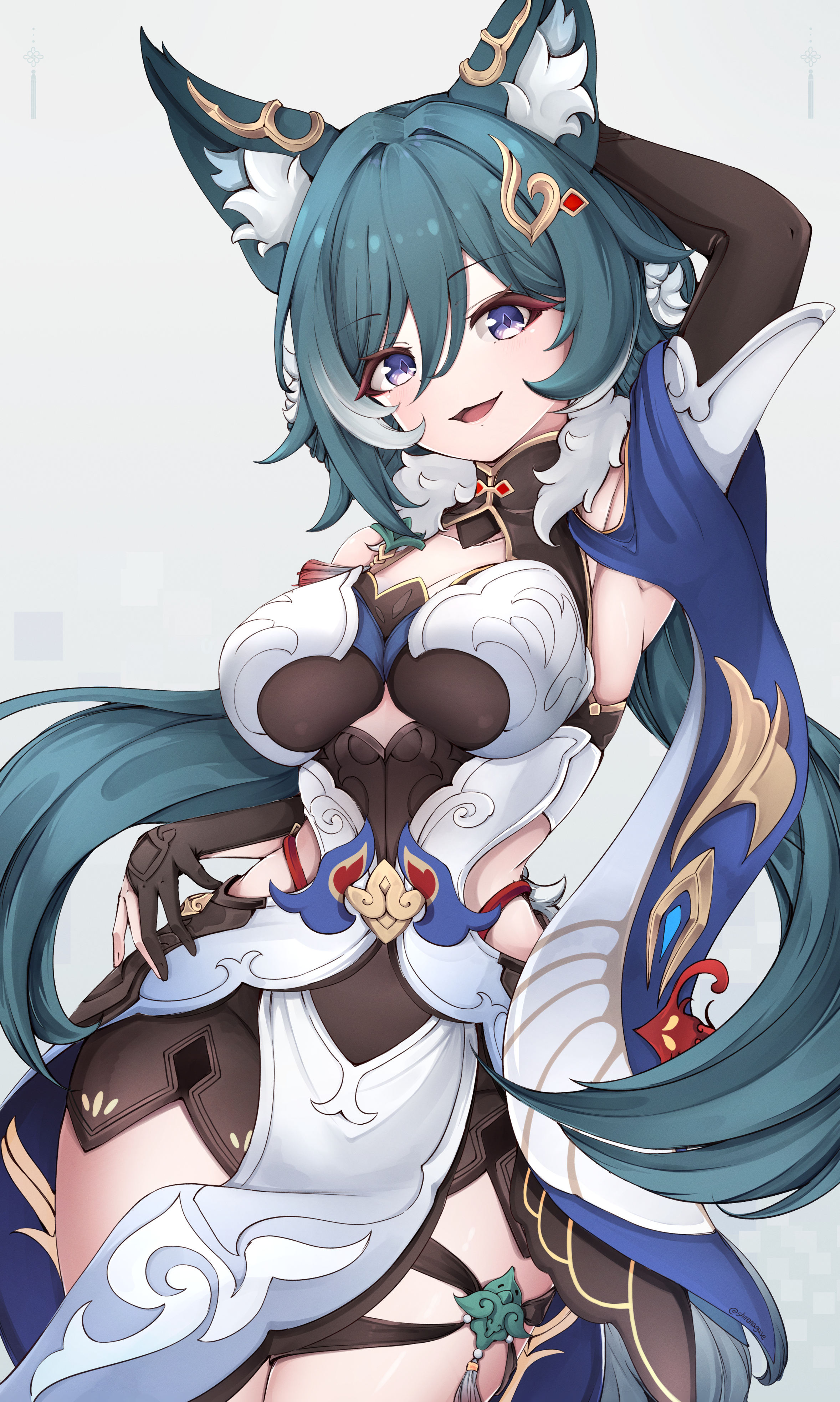 shironagase, yukong (honkai: star rail), honkai: star rail, honkai (series), absurdres, commentary, english commentary, highres, 1girl, animal ear fluff, argyle clothes, arm up, black gloves, breasts, collarbone, cowboy shot, double-parted bangs, dress, gloves, gold trim, hair between eyes, hair ornament, legs together, loincloth, long hair, looking at viewer, low twintails, medium breasts, no nose, partially fingerless gloves, purple eyes, simple background, solo, tassel, thighs, twintails, white background, white dress