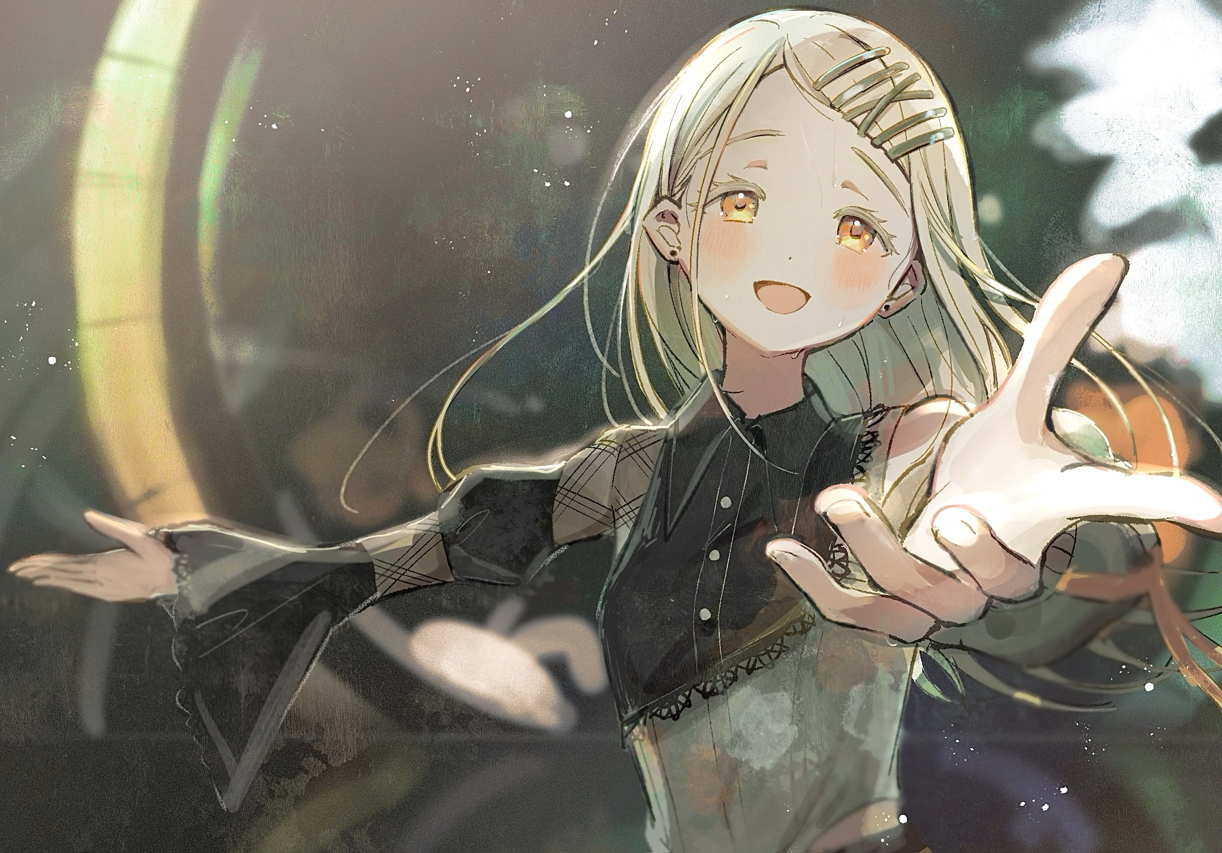 pono, shinosawa hiro, gakuen idolmaster, idolmaster, commentary request, highres, 1girl, asymmetrical clothes, black shirt, blonde hair, blurry, blurry background, blush, collared shirt, colored eyelashes, contrast (idolmaster), depth of field, detached sleeves, earrings, fingernails, flipped hair, floral print, grey shirt, hair behind ear, hair ornament, hairclip, happy, jewelry, lace, lace-trimmed shirt, lace-trimmed sleeves, lace trim, long hair, long sleeves, looking at viewer, open mouth, orange eyes, orange ribbon, outstretched arms, parallel hairclips, reaching, reaching towards viewer, ribbon, rose print, shirt, single detached sleeve, sleeves past wrists, solo, stud earrings, sweat, swept bangs, upper body, x hair ornament
