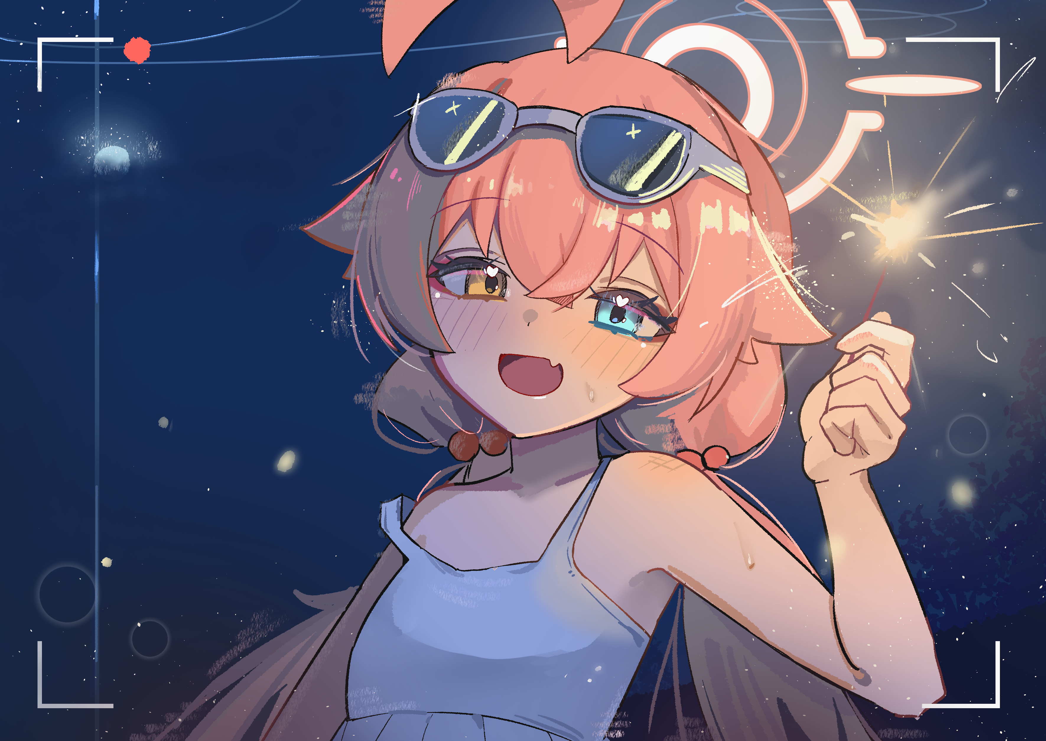 high (hgih), hoshino (blue archive), hoshino (swimsuit) (blue archive), blue archive, absurdres, commentary, highres, 1girl, ahoge, bare arms, bare shoulders, beads, blue eyes, breasts, eyewear on head, fireworks, hair beads, hair between eyes, hair ornament, halo, heterochromia, holding, holding fireworks, long hair, looking at viewer, low twintails, off shoulder, official alternate hairstyle, pink halo, sidelocks, small breasts, solo, sunglasses, tank top, twintails, viewfinder, white tank top, yellow eyes