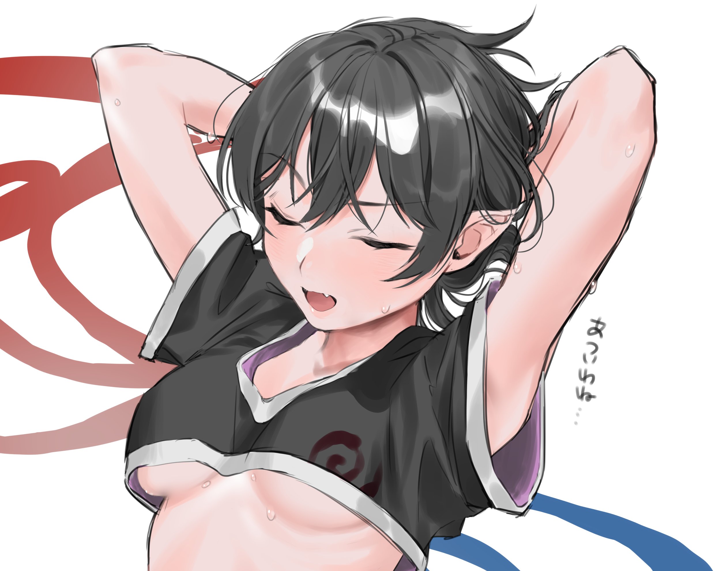 makita (vector1525), houjuu nue, touhou, highres, 1girl, armpits, arms behind head, asymmetrical wings, black hair, black shirt, black wings, breasts, crop top, fang, medium breasts, open mouth, pointy ears, red wings, ribs, shirt, short hair, solo, sweat, sweatdrop, t-shirt, two-tone wings, underboob, upper body, white background, wings