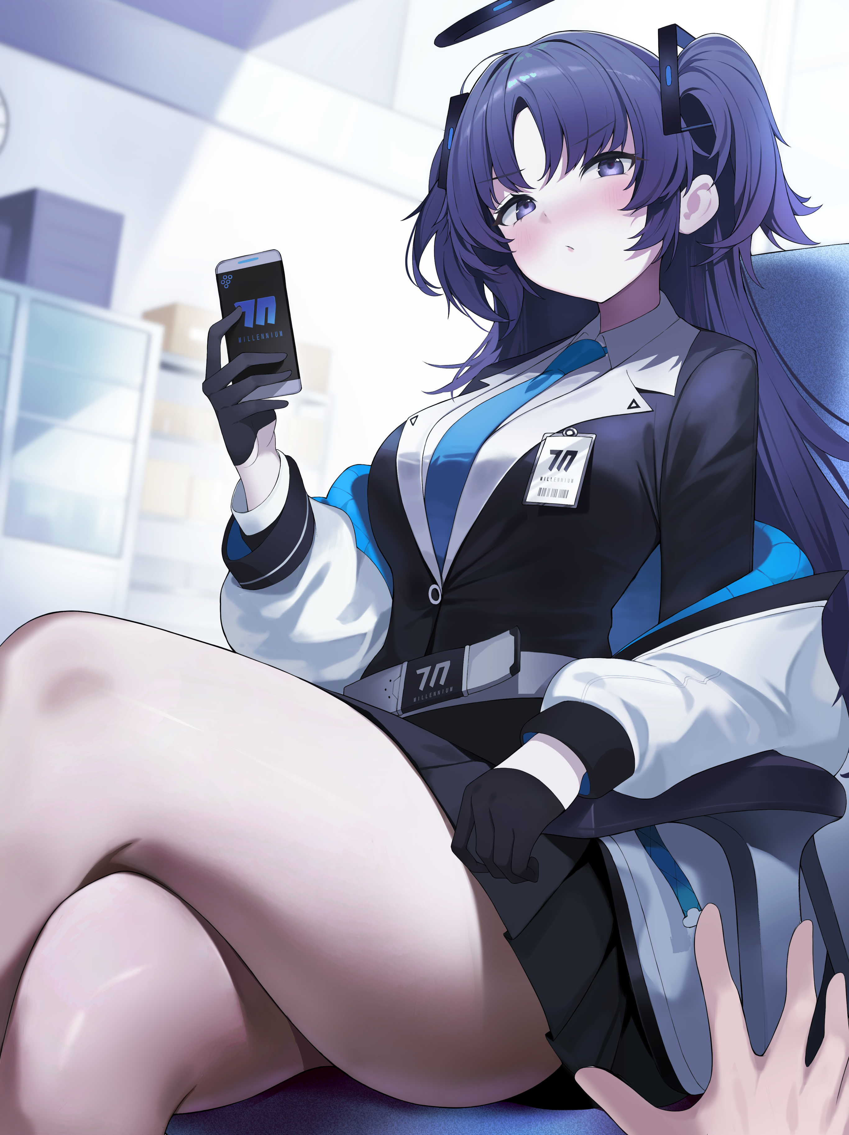ahr tato, yuuka (blue archive), blue archive, absurdres, highres, 1girl, 1other, belt, black gloves, black halo, black skirt, blue necktie, blush, breasts, crossed legs, gloves, halo, holding, holding phone, id card, indoors, jacket, jacket partially removed, long hair, long sleeves, looking at viewer, mechanical halo, necktie, phone, purple eyes, purple hair, shirt, skirt, solo focus, white belt, white shirt