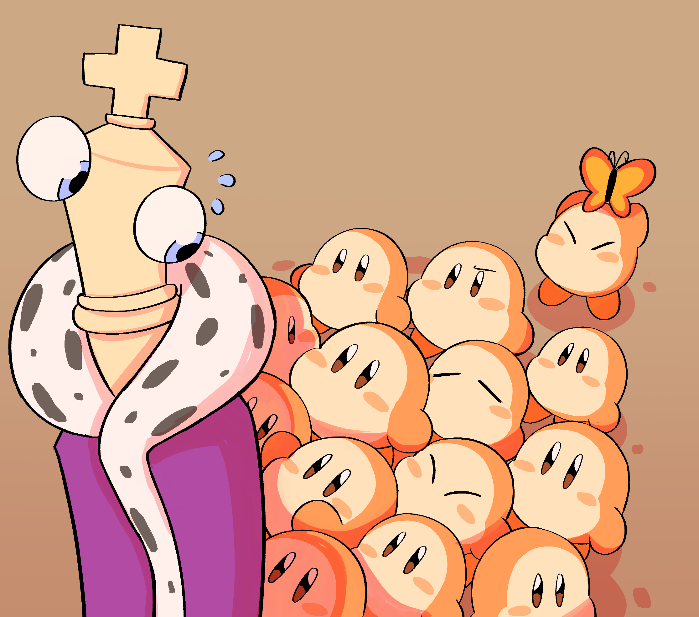 martisno, kinger (the amazing digital circus), morpho knight (butterfly), waddle dee, kirby (series), nintendo, the amazing digital circus, highres, blue eyes, blush stickers, brown background, bug, butterfly, butterfly wings, chess piece, closed eyes, colored skin, crossover, flying sweatdrops, fur-trimmed robe, fur trim, insect, insect wings, king (chess), looking at another, looking back, orange skin, robe, wings