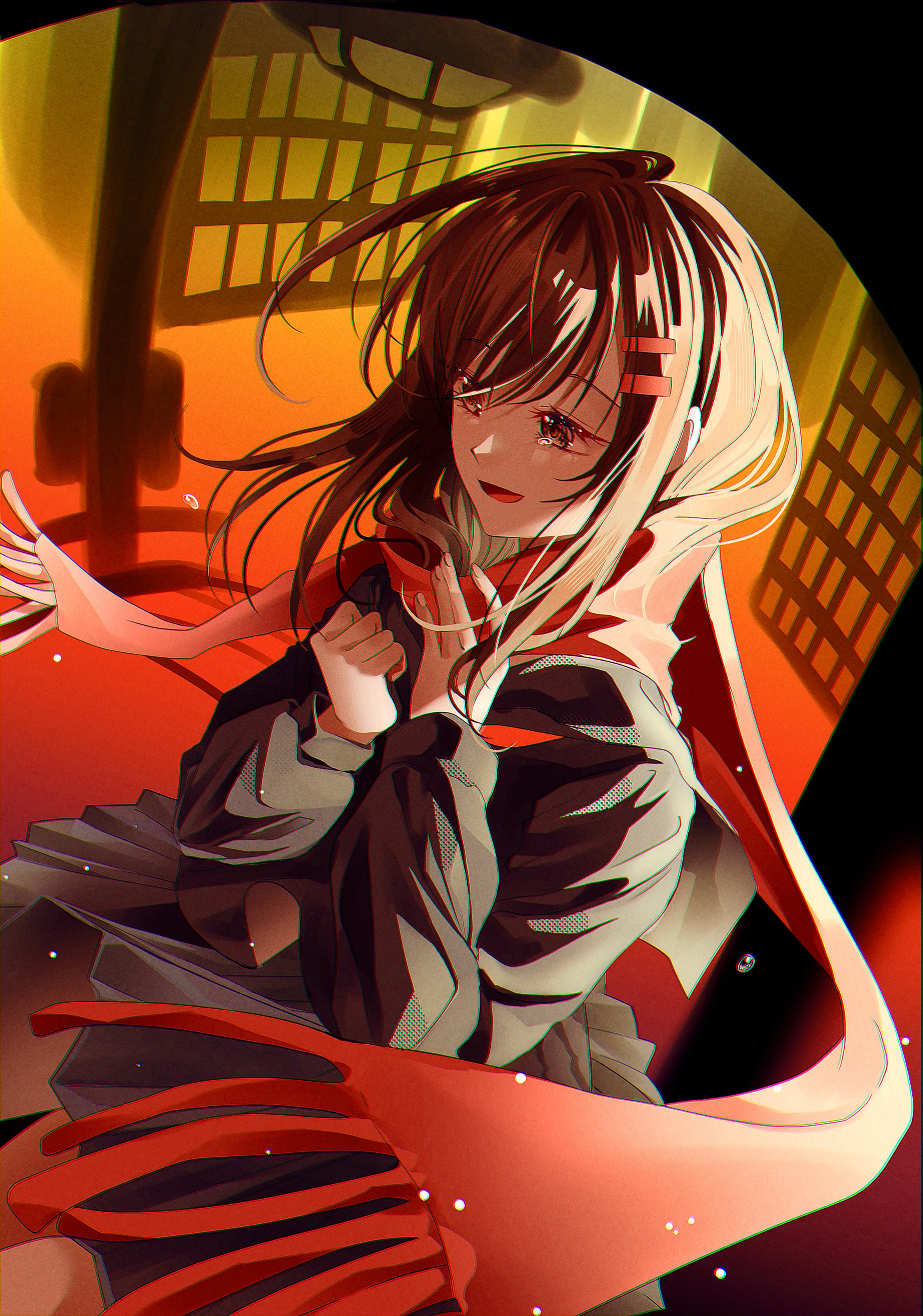 tateyama ayano, kagerou project, absurdres, highres, panorama, 1girl, black serafuku, black skirt, brown eyes, brown hair, building, car, eunsae (qwert), floating clothes, floating hair, floating scarf, gradient background, hair between eyes, hair ornament, hairclip, long hair, long scarf, long sleeves, looking to the side, miniskirt, motor vehicle, neckerchief, open mouth, orange background, pleated skirt, red background, red neckerchief, red scarf, scarf, school uniform, serafuku, sidelocks, skirt, smile, solo, teardrop, tears, thigh peek, thighs, upside-down background, utility pole, yellow background