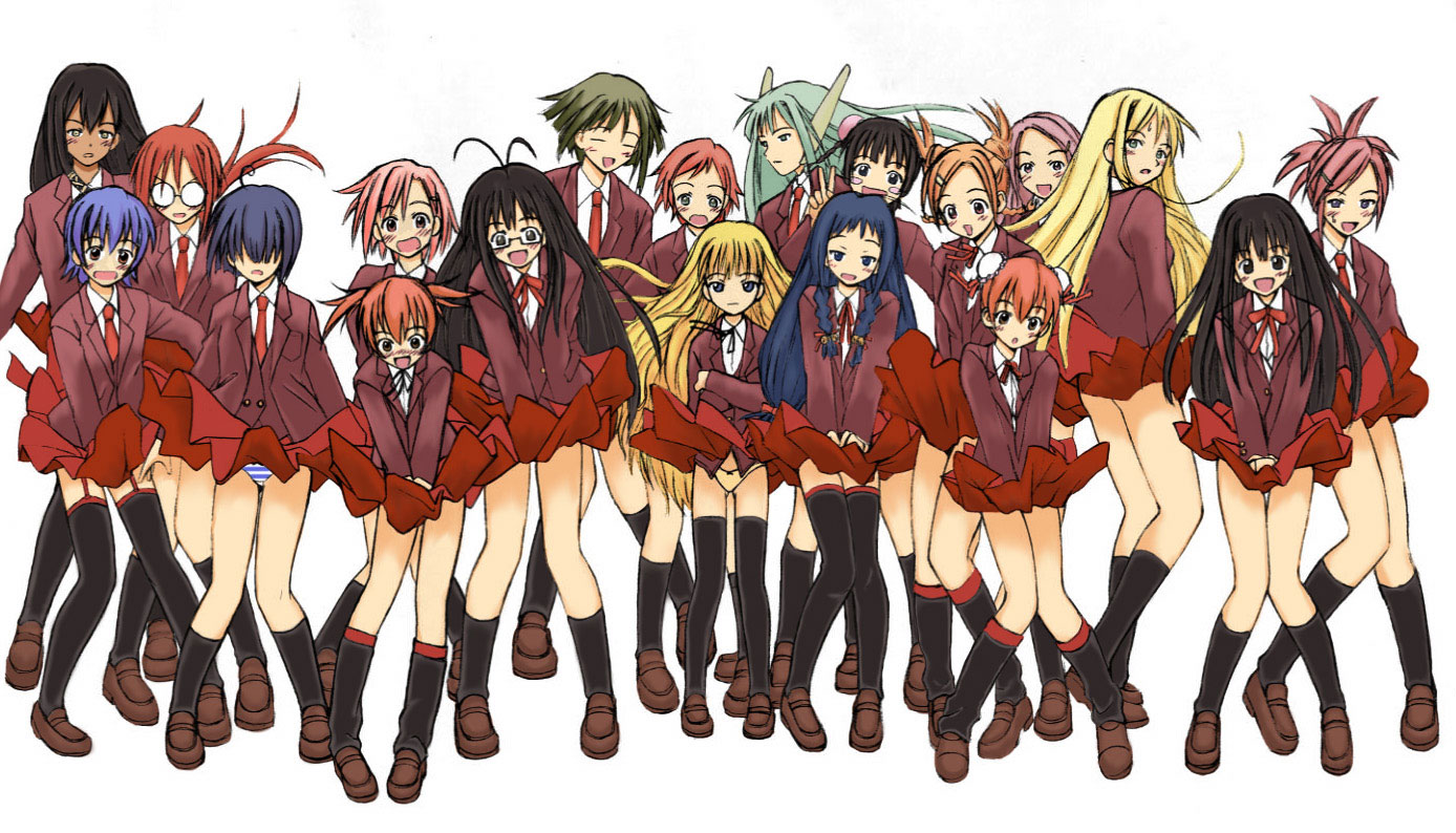 akamatsu ken, asakura kazumi, ayase yue, chao lingshen, evangeline a.k. mcdowell, hasegawa chisame, izumi ako, kakizaki misa, karakuri chachamaru, konoe konoka, miyazaki nodoka, murakami natsumi (negima), nagase kaede, narutaki fumika, narutaki fuuka, saotome haruna, sasaki makie, shiina sakurako, tatsumiya mana, yukihiro ayaka, mahou sensei negima!, looking away, official art, 00s, 6+girls, :d, :o, ^ ^, ahoge, android, antenna hair, aqua hair, ass, bell, black hair, black socks, blazer, blonde hair, blue eyes, blue hair, blue panties, blunt bangs, blush, blush stickers, bow, bow panties, braid, brown hair, bun cover, closed eyes, clothes lift, covering crotch, covering privates, crossed arms, dark-skinned female, dark skin, double bun, embarrassed, everyone, flat chest, garter straps, glasses, green eyes, green hair, hair bell, hair between eyes, hair bun, hair ornament, hair over eyes, hair ribbon, hair up, hairclip, jacket, jingle bell, kneehighs, legs, lineup, loafers, long hair, looking at viewer, looking back, miniskirt, multiple girls, necktie, opaque glasses, open mouth, orange hair, panties, parted bangs, pink eyes, pink hair, pleated skirt, ponytail, purple eyes, red eyes, red hair, ribbon, robot ears, school uniform, semi-rimless eyewear, shoes, short hair, short twintails, siblings, sidelocks, simple background, sisters, skirt, skirt lift, smile, socks, standing, striped clothes, striped panties, surprised, swept bangs, thigh gap, thighhighs, tress ribbon, twin braids, twins, twintails, under-rim eyewear, underwear, v, very long hair, white background, white panties, wind, wind lift, yellow eyes, yellow panties, zettai ryouiki