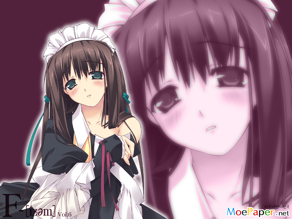 murakami suigun, f-ism, original, 1girl, blush, brown hair, collarbone, expressionless, female focus, frills, green eyes, hair ribbon, head tilt, long hair, looking at viewer, maid, maid headdress, off shoulder, open mouth, puffy sleeves, ribbon, solo, tress ribbon, undressing, very long hair, zoom layer