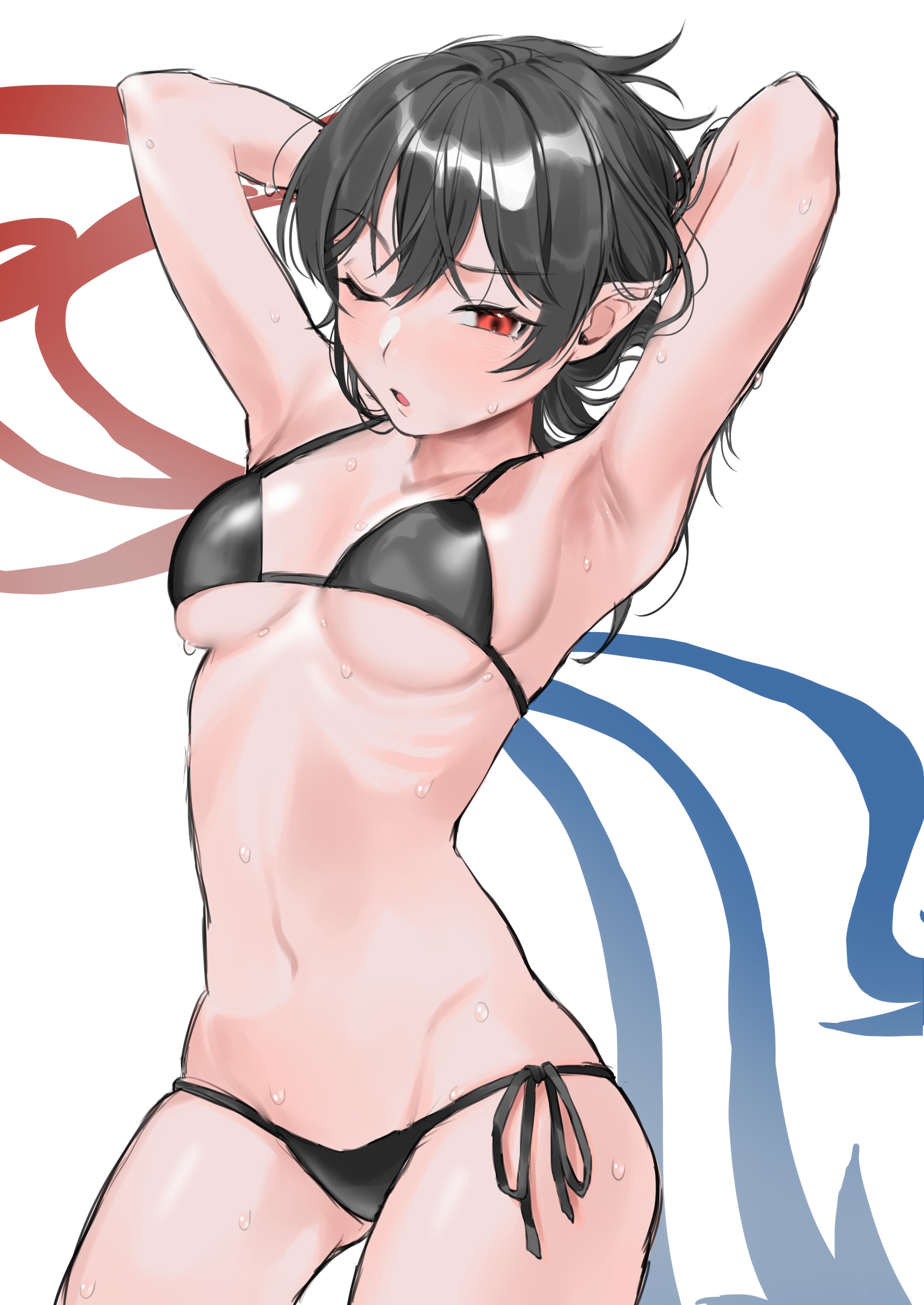 makita (vector1525), houjuu nue, touhou, absurdres, highres, 1girl, armpits, arms behind head, asymmetrical wings, bikini, black bikini, blue wings, breasts, hair between eyes, looking at viewer, medium breasts, midriff, navel, one eye closed, pointy ears, red eyes, red wings, ribs, short hair, side-tie bikini bottom, solo, sweat, sweatdrop, swimsuit, thighs, two-tone wings, white background, wings