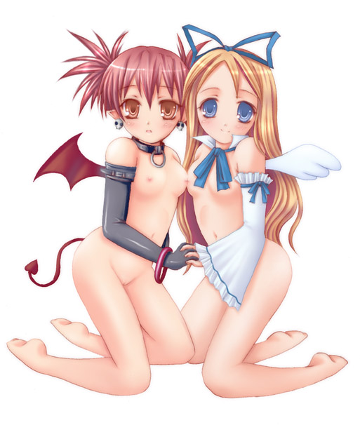 etna (disgaea), flonne, disgaea, makai senki disgaea 2, artist request, 2girls, angel, angel and devil, barefoot, bat wings, blonde hair, blue eyes, breasts, demon girl, elbow gloves, gloves, kodomo doushi, loli, long hair, multiple girls, navel, nipples, nude, red hair, red wings, ribbon, tail, twintails, wings, yuri