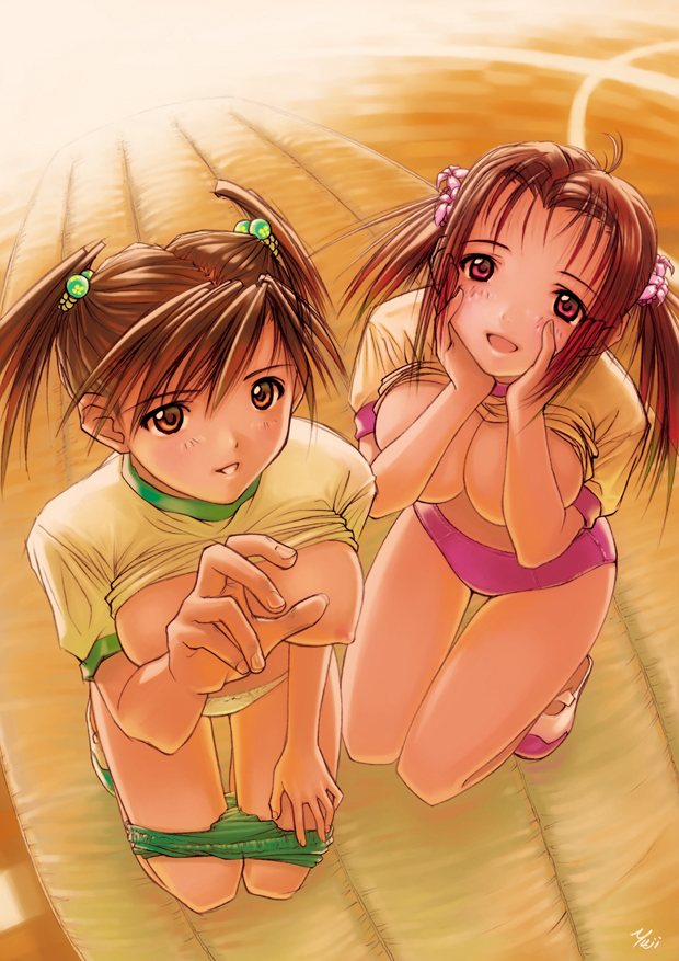 kobayashi yuji, highres, scan, 2girls, artist name, bare legs, blush, breasts, brown eyes, brown hair, buruma, buruma pull, clothes lift, clothes pull, gym uniform, hair bobbles, hair ornament, kneeling, large breasts, multiple girls, nipples, no bra, open mouth, panties, pants, pants pull, pulling own clothes, red eyes, shirt lift, smile, twintails, underwear, white panties