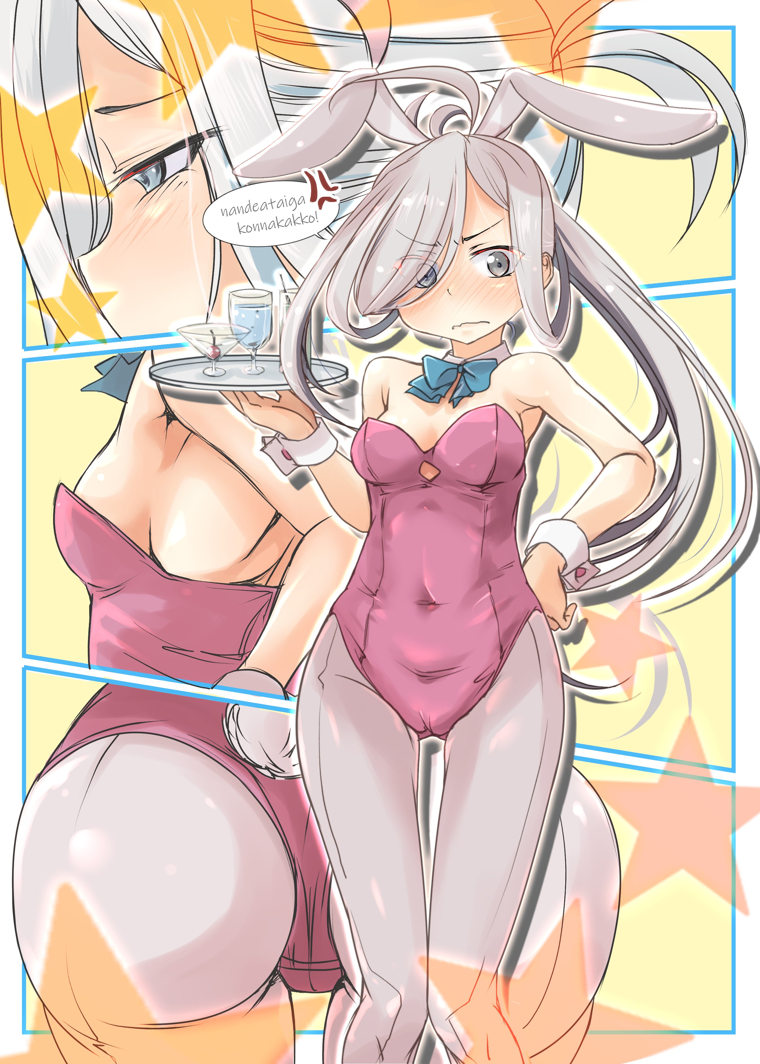 fyuo, asashimo (kancolle), kantai collection, absurdres, highres, translation request, 1girl, anger vein, animal ear hairband, animal ears, aqua bow, aqua bowtie, ass, bow, bowtie, breasts, detached collar, drink, embarrassed, fake animal ears, feet out of frame, grey eyes, grey hair, grey pantyhose, hair over one eye, hairband, leotard, medium breasts, multiple views, pantyhose, playboy bunny, ponytail, purple leotard, rabbit ears, rabbit tail, romaji text, standing, strapless, strapless leotard, tail, thigh gap, tray, wrist cuffs