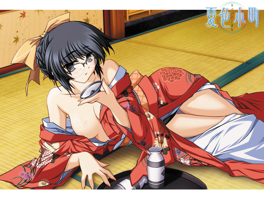 tsukimori hiro, hiiragi nagisa, natsuiro komachi, purple software, duplicate, official art, official wallpaper, 1girl, alcohol, black eyes, black hair, blush, bottle, bow, braid, breasts, cup, female focus, flower, glasses, hair bow, hip focus, japanese clothes, kimono, leaf, lying, medium breasts, off shoulder, on side, open clothes, open kimono, panties, sakazuki, sake, solo, spill, tatami, thigh gap, thighs, tokkuri, tray, underwear