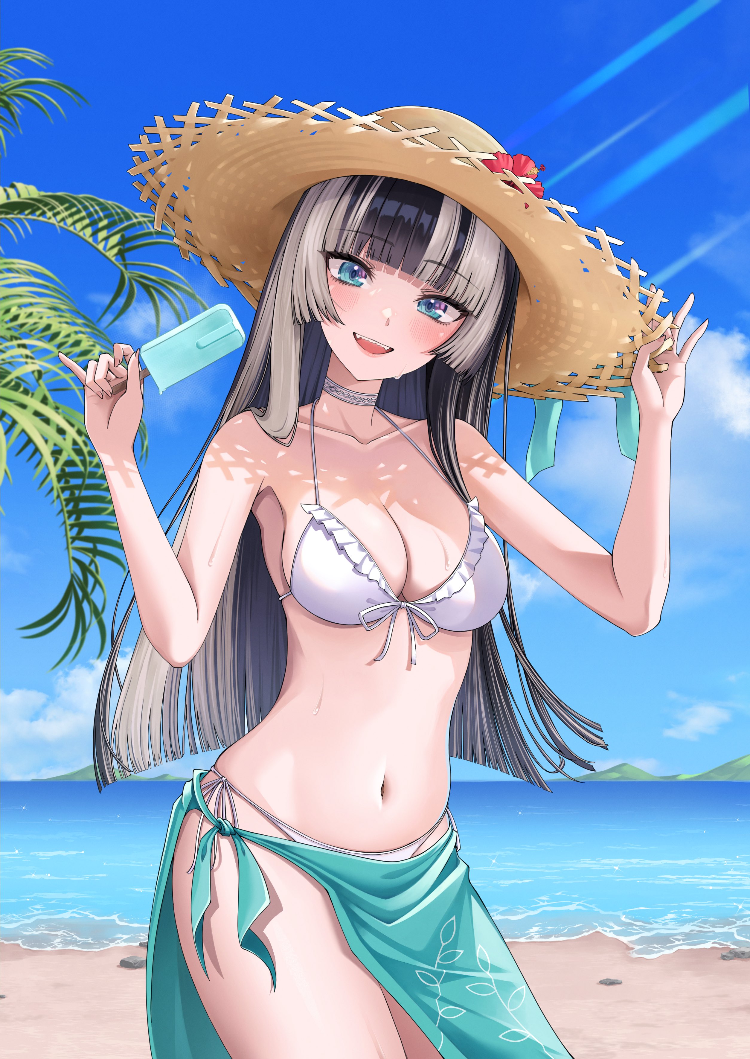 mt mozuku, juufuutei raden, hololive, hololive dev is, absurdres, commentary request, highres, 1girl, :d, alternate costume, beach, bikini, black hair, blue eyes, blue sky, blunt bangs, breasts, choker, cleavage, cloud, cowboy shot, day, food, frilled bikini, frills, front-tie bikini top, front-tie top, green sarong, grey hair, hands up, hat, hime cut, holding, holding food, holding popsicle, large breasts, long hair, looking at viewer, multicolored hair, navel, open mouth, outdoors, popsicle, sarong, side-tie bikini bottom, sky, smile, solo, standing, stomach, straight hair, straw hat, streaked hair, sun hat, swimsuit, teeth, two-tone hair, upper teeth only, virtual youtuber, white bikini, white choker
