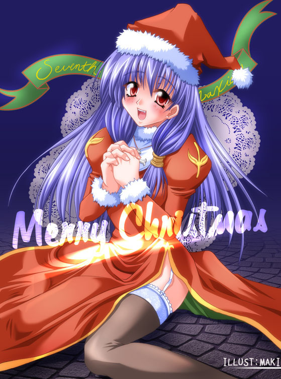 maki (seventh heaven maxion), high priest (ragnarok online), ragnarok online, 1girl, christmas, female focus, fur-trimmed headwear, fur trim, garter belt, hat, red hat, santa costume, santa hat, solo, thighhighs