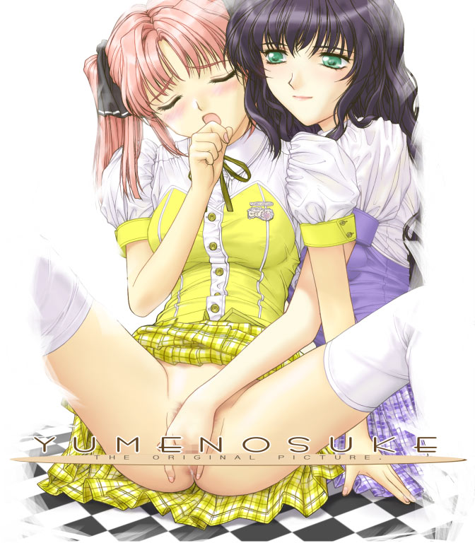 yumenosuke, original, 2girls, black hair, censored, closed eyes, clothes lift, female pubic hair, fingering, green eyes, mosaic censoring, multiple girls, no panties, pink hair, pubic hair, reach-around, sitting, skirt, skirt lift, spread legs, thighhighs, twintails, waitress, yuri