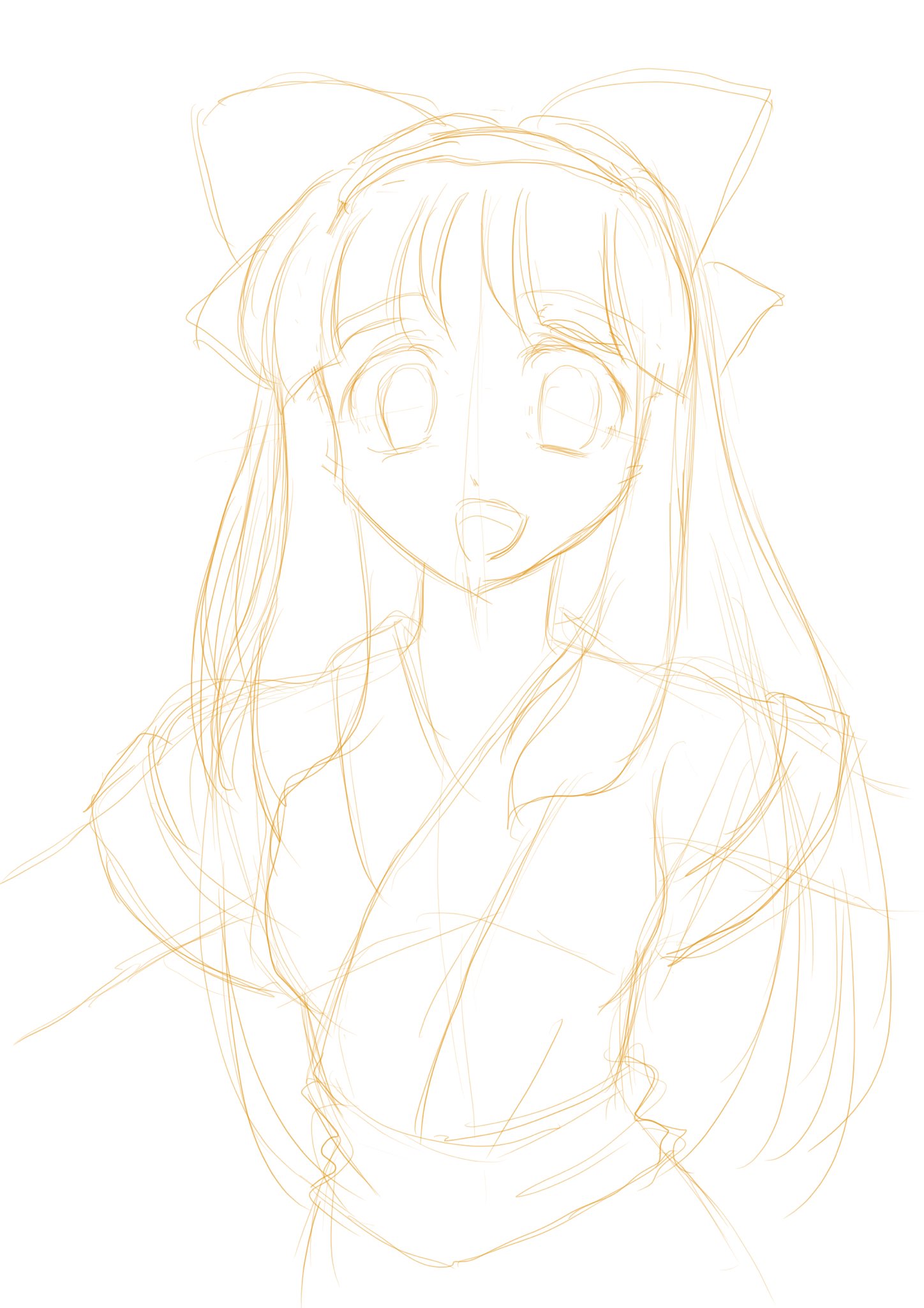 nakoruru, samurai spirits, snk, the king of fighters, highres, 1girl, ainu clothes, hair ribbon, long hair, looking at viewer, monochrome, open mouth, ribbon, sketch, smile, solo, tongue