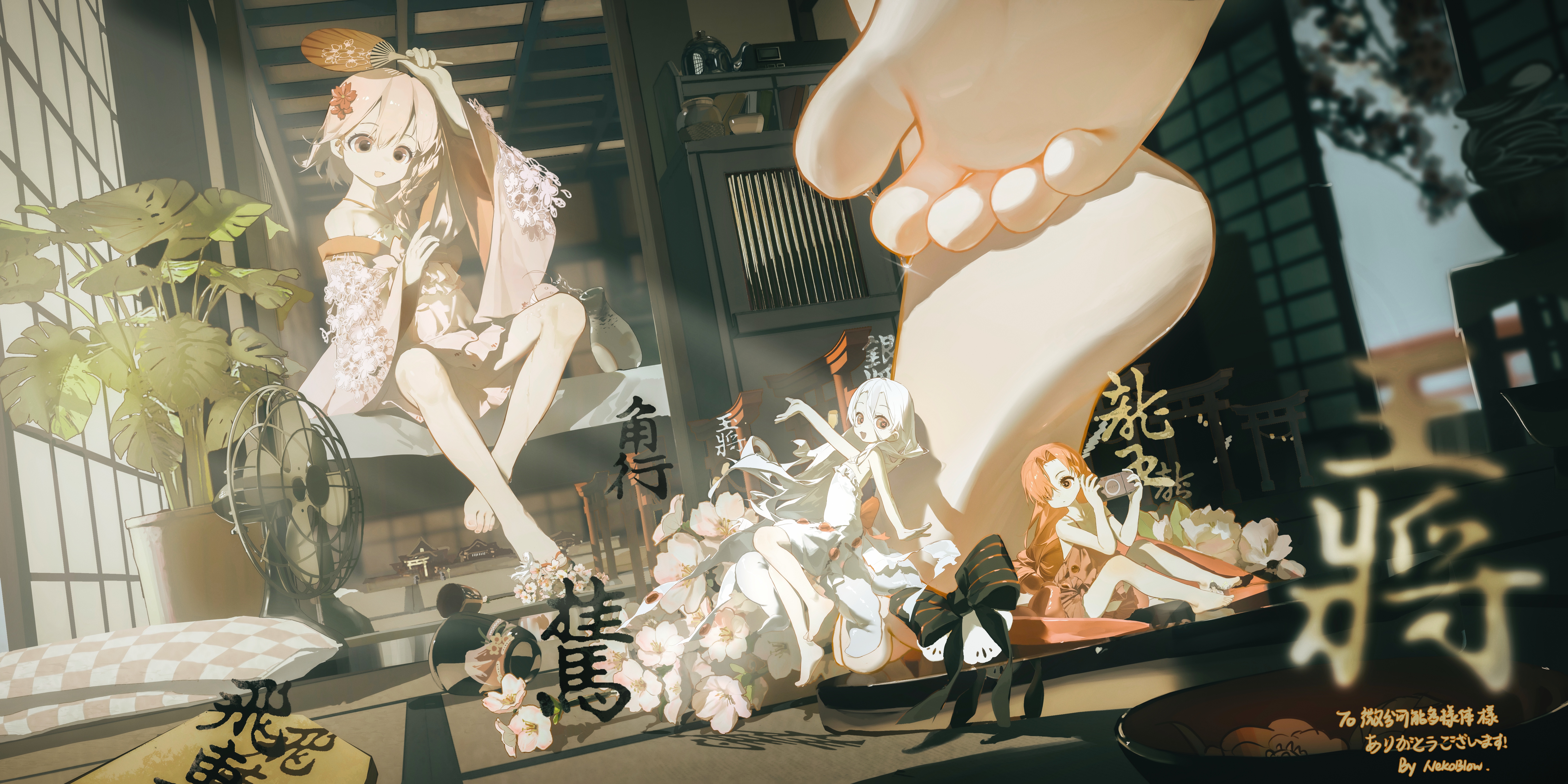 neko blow, original, absurdres, chinese commentary, commentary request, highres, 3girls, barefoot, mini person, minigirl, multiple girls, orange eyes, pink hair, red hair, sitting, soles, toes, white hair