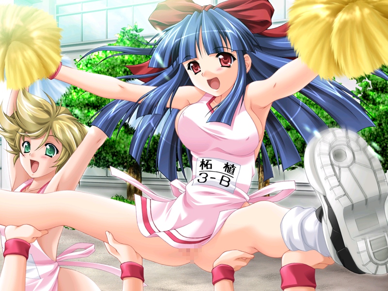 kazuma muramasa, zuge haruna, hadaka apron gakuen, game cg, 2girls, :d, apron, armpits, arms up, blonde hair, blue hair, blunt bangs, blush, bouncing breasts, bow, breasts, building, censored, cheerleader, covered erect nipples, day, foreshortening, green eyes, hair between eyes, hair bow, happy, hime cut, large breasts, legs, mosaic censoring, motion blur, multiple girls, naked apron, name tag, no panties, open mouth, outdoors, outstretched arms, pom pom (cheerleading), public indecency, pussy, red eyes, ribbon, school, shirt, shoe soles, shoes, short hair, sideboob, sidelocks, smile, sneakers, socks, split, spread arms, spread legs, taut clothes, taut shirt, tree, unaligned breasts, window, wristband