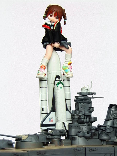 shinyokohama arina, watashi no oniichan, photo (medium), third-party edit, 1girl, aircraft, airplane, battleship, female focus, figure, giant, giantess, military, military vehicle, school uniform, serafuku, ship, ship turret, short twintails, solo, space shuttle, spacecraft, spaceplane, twintails, warship, watercraft