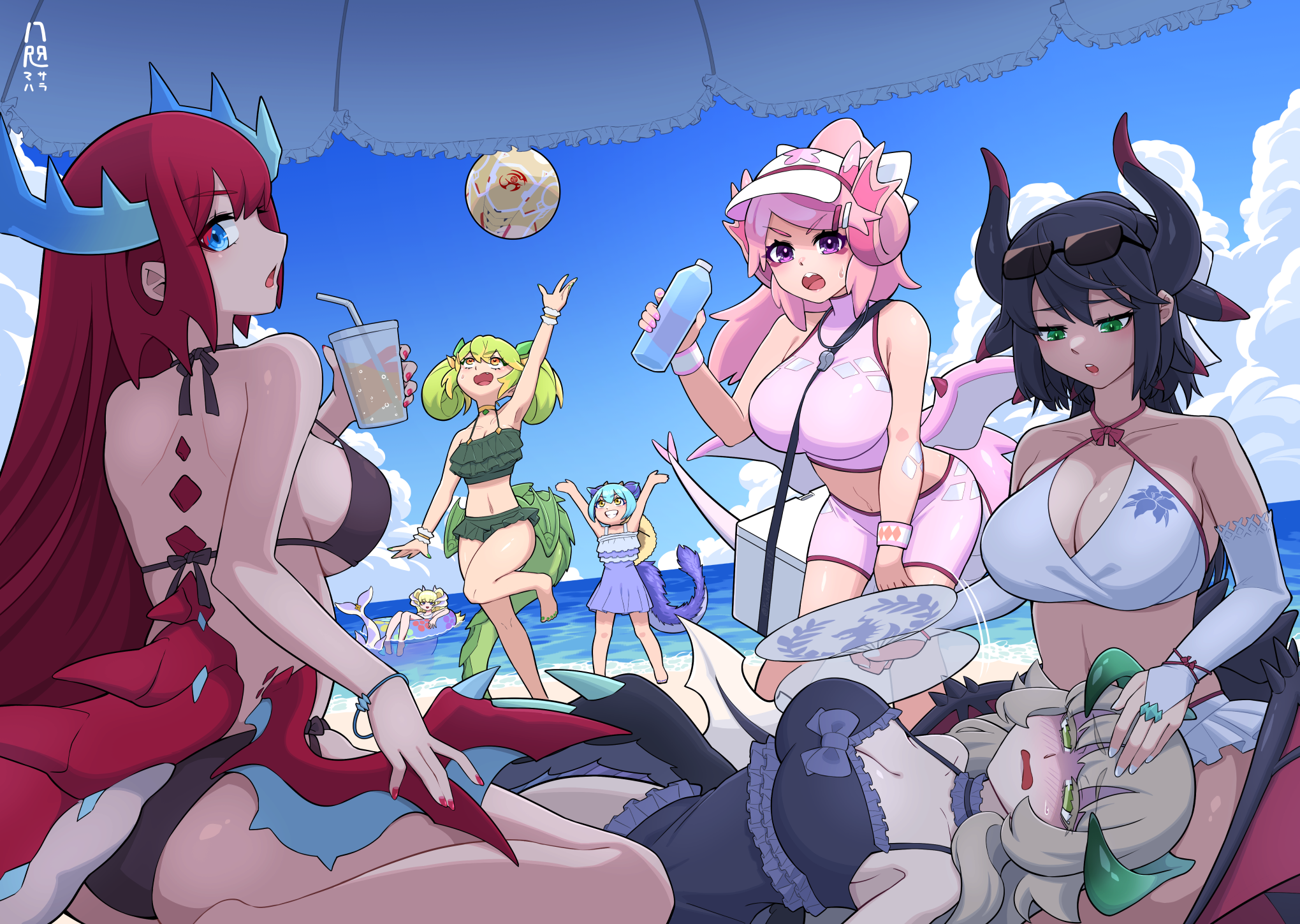 yata masahara, chamber dragonmaid, house dragonmaid, kitchen dragonmaid, lady's dragonmaid, laundry dragonmaid, nurse dragonmaid, parlor dragonmaid, yu-gi-oh!, highres, 6+girls, alternate costume, armpits, arms up, ball, bare legs, bare shoulders, beach, beach umbrella, beachball, bikini, black bikini, black hair, blonde hair, blue eyes, blue hair, blue one-piece swimsuit, blue sky, blush, bottle, bracelet, breasts, cleavage, cloud, collarbone, cup, day, disposable cup, dragon girl, dragon horns, dragon tail, dragon wings, drinking straw, duel monster, eyewear on head, frilled bikini, frilled bikini top, frills, green bikini, green eyes, green hair, grey hair, hand fan, heat stroke, holding, holding bottle, holding cup, holding fan, horns, jewelry, lap pillow, large breasts, long hair, looking at another, looking at viewer, looking back, medium breasts, multiple girls, navel, ocean, one-piece swimsuit, open mouth, orange eyes, outdoors, pink bikini, pink hair, ponytail, red hair, red nails, sand, sky, smile, stomach, sweat, swim ring, swimsuit, tail, umbrella, visor cap, water, white bikini, white nails, wings, yellow eyes