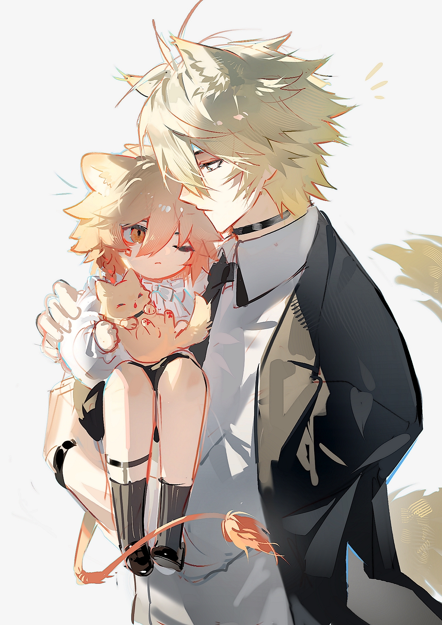 suirandanshihao, mydei (honkai: star rail), phainon (honkai: star rail), phainon (khaslana) (honkai: star rail), honkai: star rail, honkai (series), chinese commentary, commentary request, highres, 2boys, aged down, alternate form, animal, animal ears, black choker, black jacket, black necktie, black shoes, black shorts, black socks, blonde hair, braid, carrying, cat, child carry, choker, dog boy, dog ears, dog tail, gradient hair, holding, holding animal, holding cat, jacket, jacket on shoulders, lion boy, lion ears, lion tail, looking at another, male focus, multicolored hair, multiple boys, necktie, notice lines, one eye closed, open clothes, open jacket, red hair, shirt, shoes, short hair, shorts, side braid, socks, tail, white shirt, yellow eyes