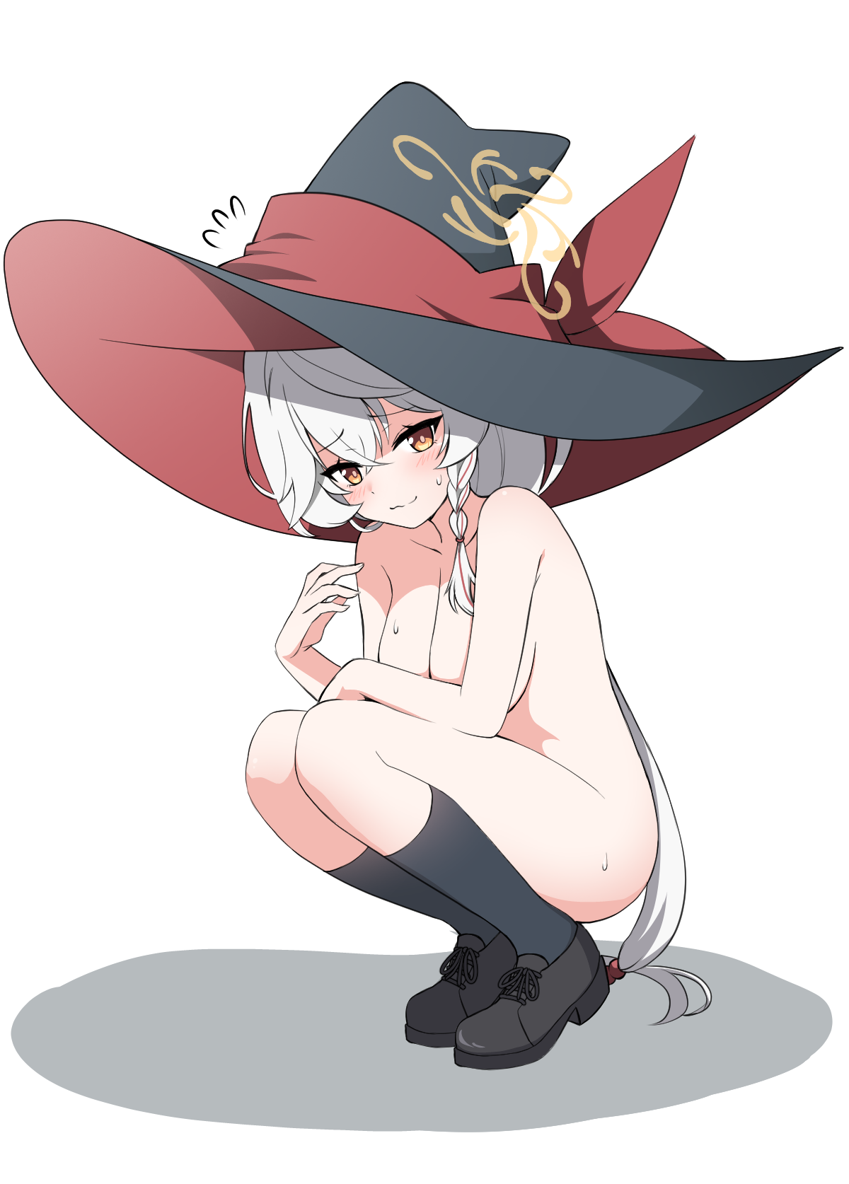 nanju bami, eri (blue archive), blue archive, commentary request, highres, 1girl, bare arms, bare shoulders, black shoes, black socks, breasts, flying sweatdrops, full body, halo, hat, large breasts, looking at viewer, nude, shoes, simple background, socks, solo, squatting, thighs, white background, white hair, witch hat, yellow eyes, yellow halo