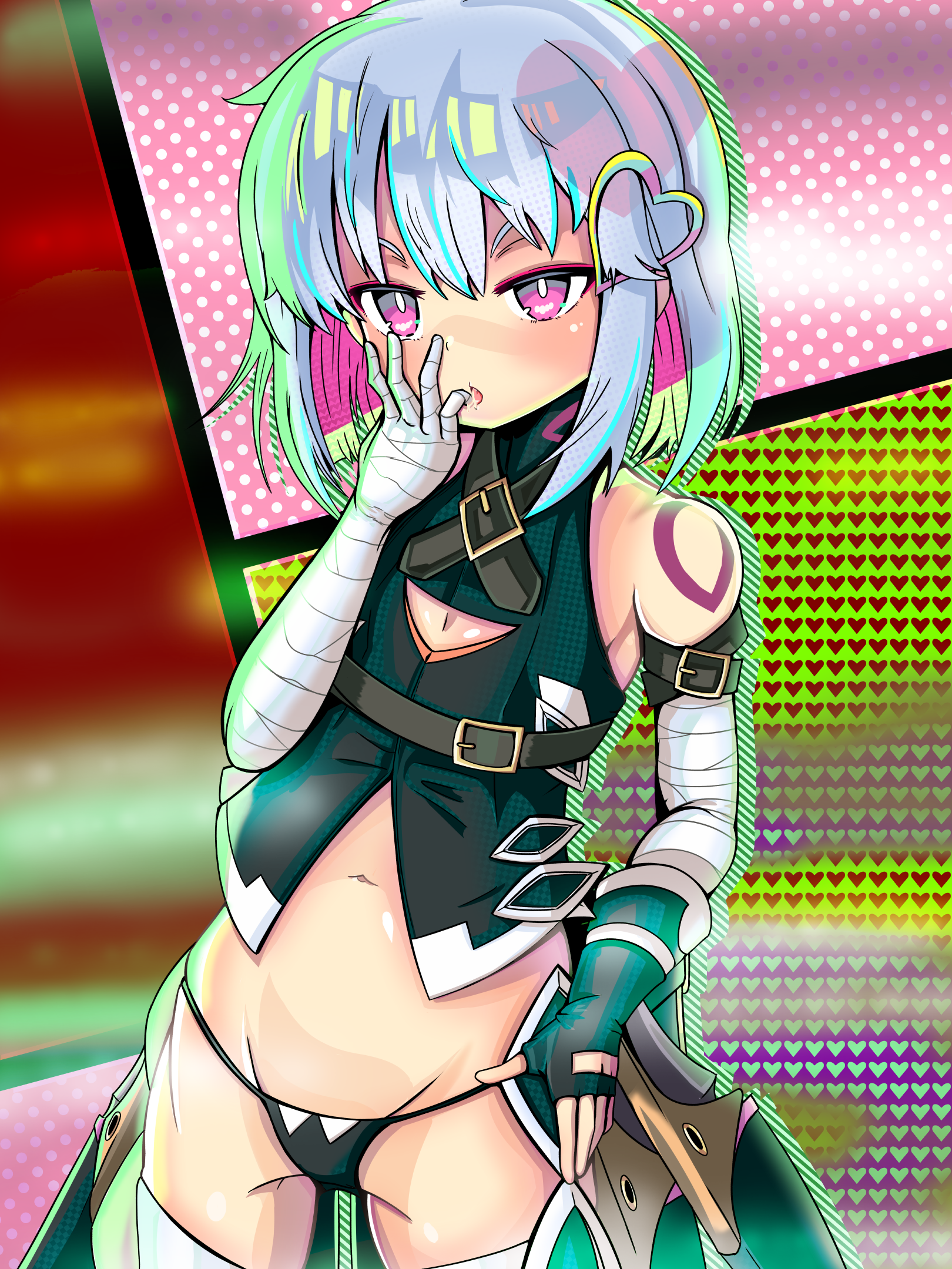 kouto matai, jack the ripper (fate/apocrypha), porno (dohna dohna), dohna dohna issho ni warui koto o shiyou, fate/grand order, fate (series), highres, 1girl, bandaged arm, bandages, black panties, bright pupils, cleavage cutout, clothing cutout, colored inner hair, cosplay, fog, grey hair, hair between eyes, hair ornament, heart, heart hair ornament, jack the ripper (fate/apocrypha) (cosplay), knife, multicolored hair, panties, pink eyes, saliva, short hair, shoulder tattoo, solo, tattoo, trait connection, underwear, white pupils, wide hips