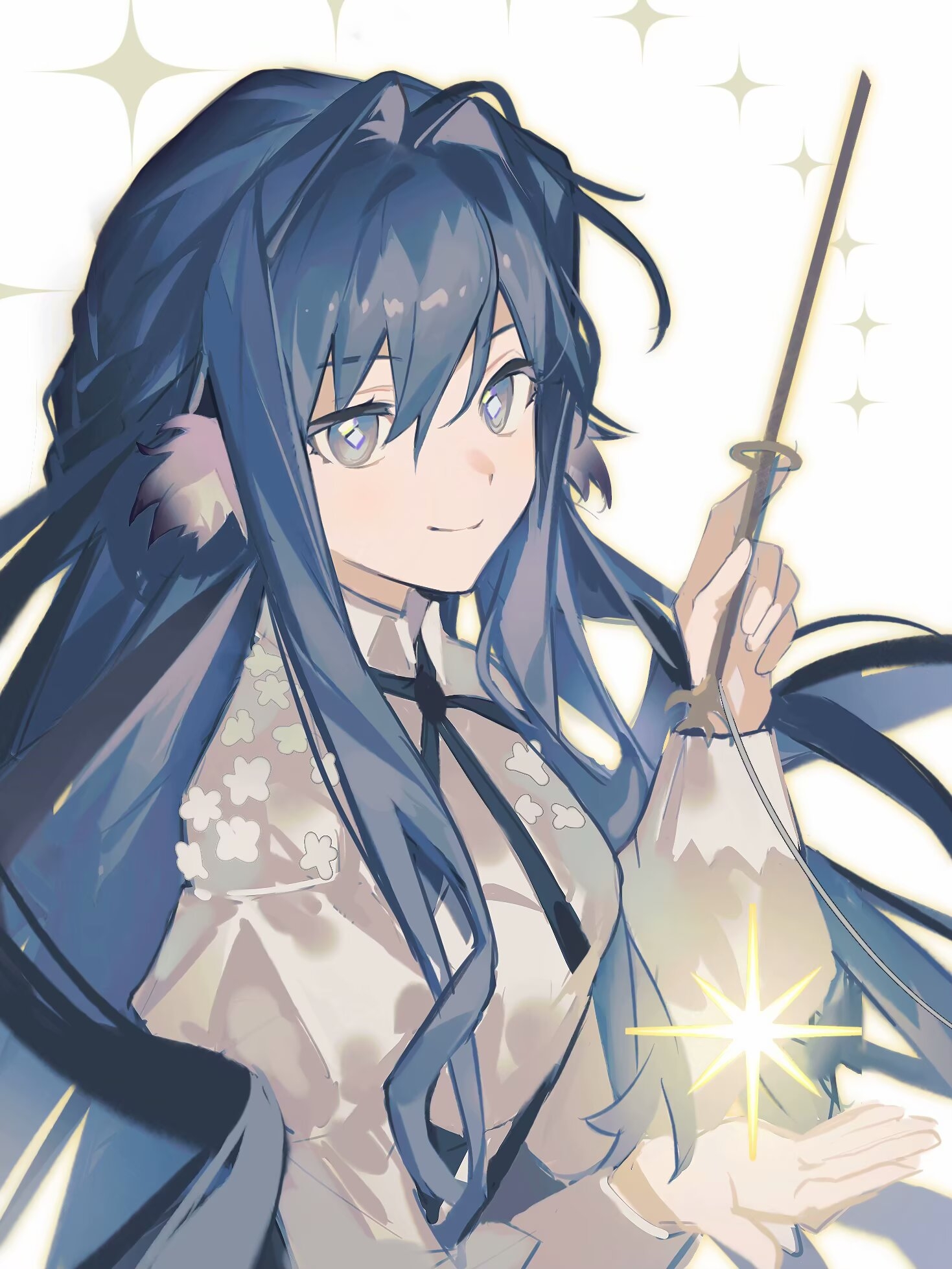 second (byou), astesia (arknights), arknights, chinese commentary, commentary request, highres, 1girl, blue eyes, blue hair, closed mouth, diamond-shaped pupils, diamond (shape), grey shirt, hair between eyes, hair intakes, holding, holding wand, long sleeves, looking at viewer, magic, shirt, smile, solo, sparkle, symbol-shaped pupils, upper body, wand, white background