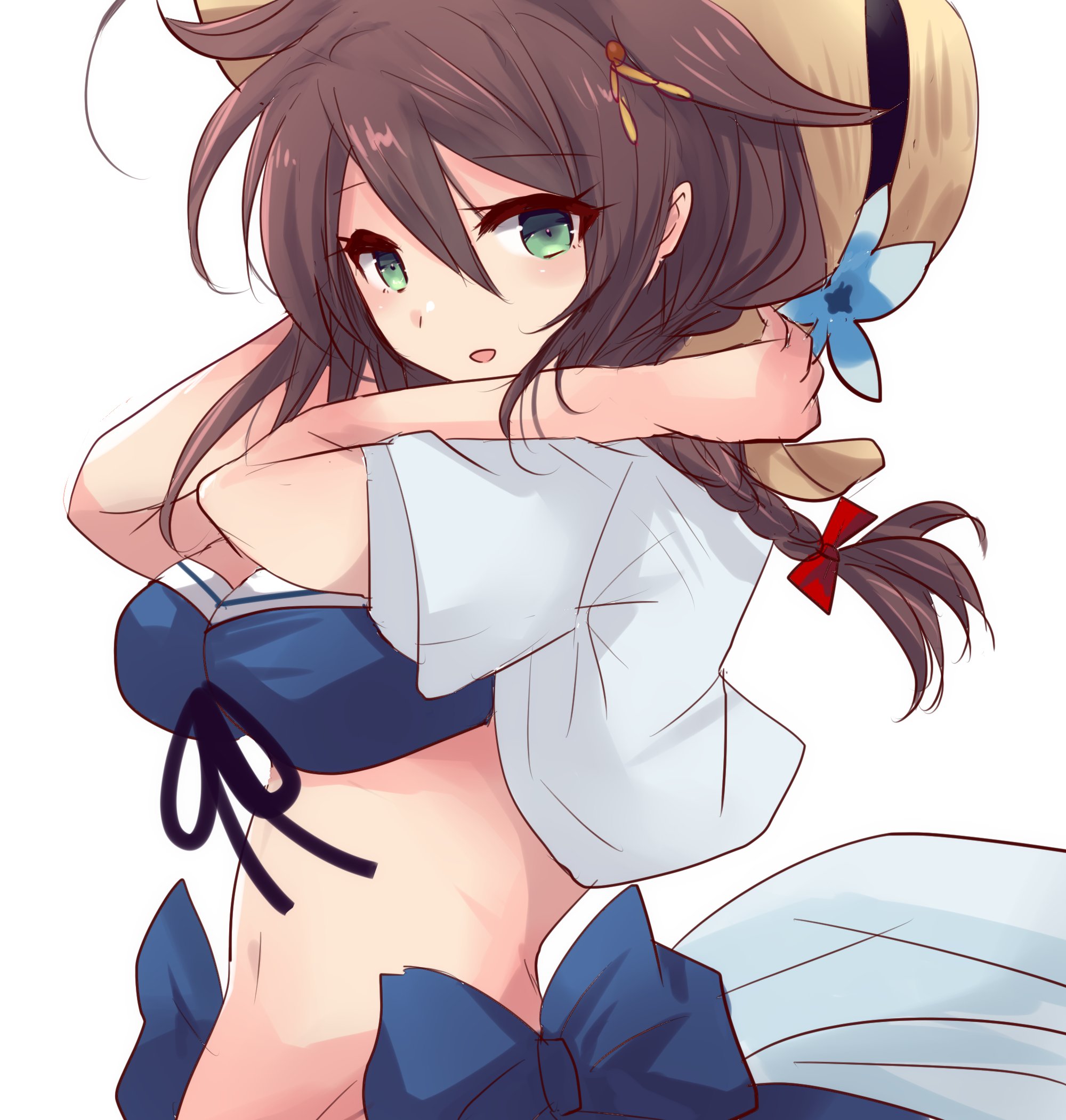 hirune (konekonelkk), shigure (kancolle), shigure kai san (kancolle), shigure kai san (swimsuit) (kancolle), kantai collection, highres, 1girl, bikini, blue bikini, blue eyes, braid, breasts, brown hair, brown hat, front-tie bikini top, front-tie top, hair flaps, hat, long hair, medium breasts, official alternate costume, showgirl skirt, side-tie bikini bottom, simple background, single braid, solo, straw hat, swimsuit, upper body, white background