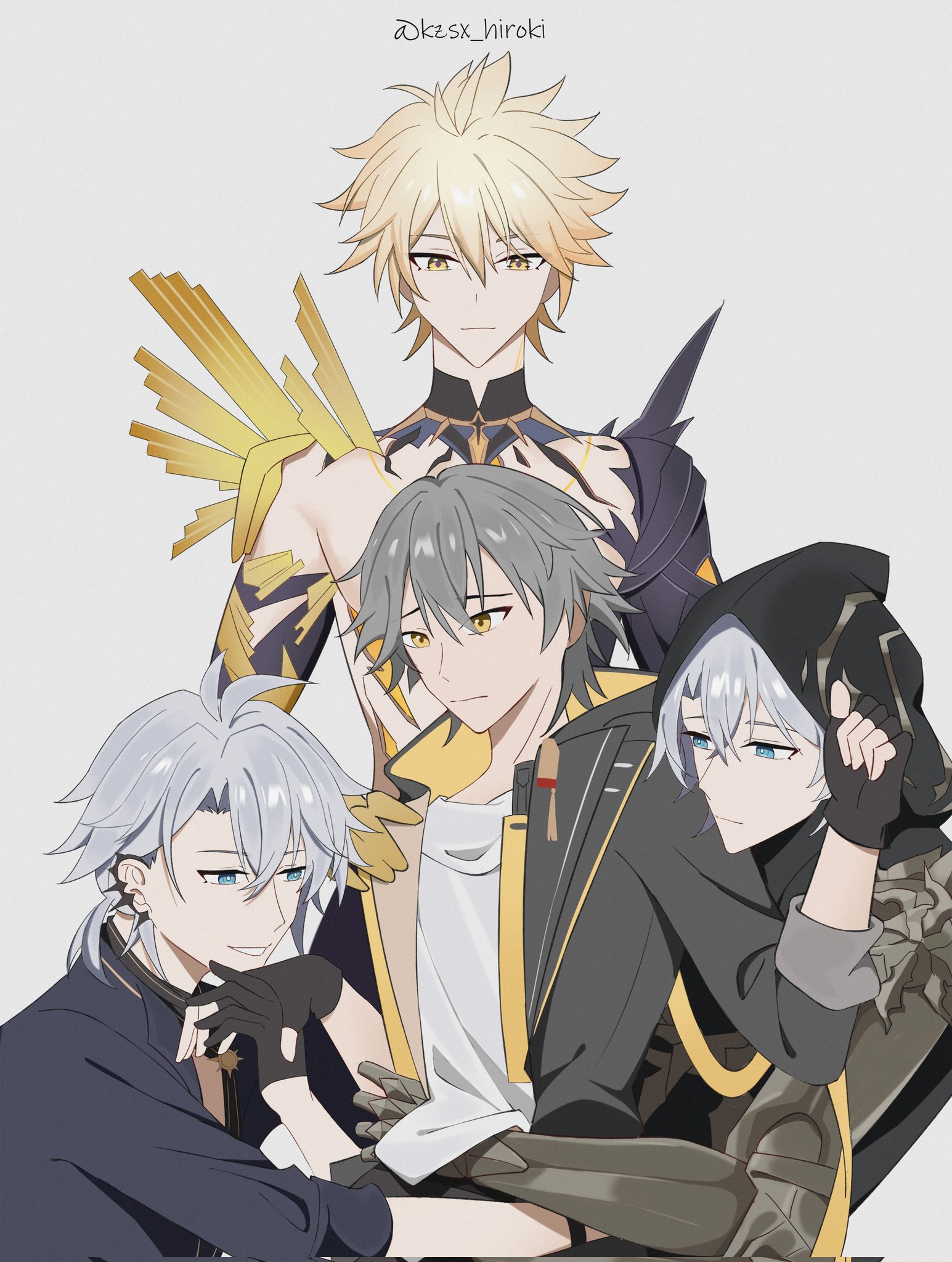kzsx hiroki, caelus (honkai: star rail), flame reaver of the deepest dark, phainon (fashion) (honkai: star rail), phainon (honkai: star rail), phainon (khaslana) (honkai: star rail), trailblazer (honkai: star rail), honkai: star rail, honkai (series), highres, 4boys, antenna hair, armor, artist name, black bodysuit, black cape, black choker, black coat, black gloves, black shirt, blonde hair, blue eyes, body markings, bodysuit, broken skin, cape, choker, clenched hand, closed mouth, coat, collared shirt, crossed bangs, diamond-shaped pupils, diamond (shape), earclip, fingerless gloves, gauntlets, gloves, gold necklace, hair between eyes, half-closed eyes, hand up, holding hands, hood, hooded cape, hooded coat, hug, hug from behind, jewelry, long sleeves, looking at another, looking down, love triangle, low ponytail, male focus, multiple boys, multiple persona, necklace, official alternate costume, official alternate eye color, official alternate hair color, official alternate hairstyle, open clothes, open coat, ponytail, puffy long sleeves, puffy sleeves, shirt, short ponytail, shoulder armor, shoulder spikes, simple background, smile, spikes, symbol-shaped pupils, t-shirt, tassel, teeth, two-sided coat, two-sided fabric, upper body, white background, white shirt, yaoi, yellow coat, yellow eyes