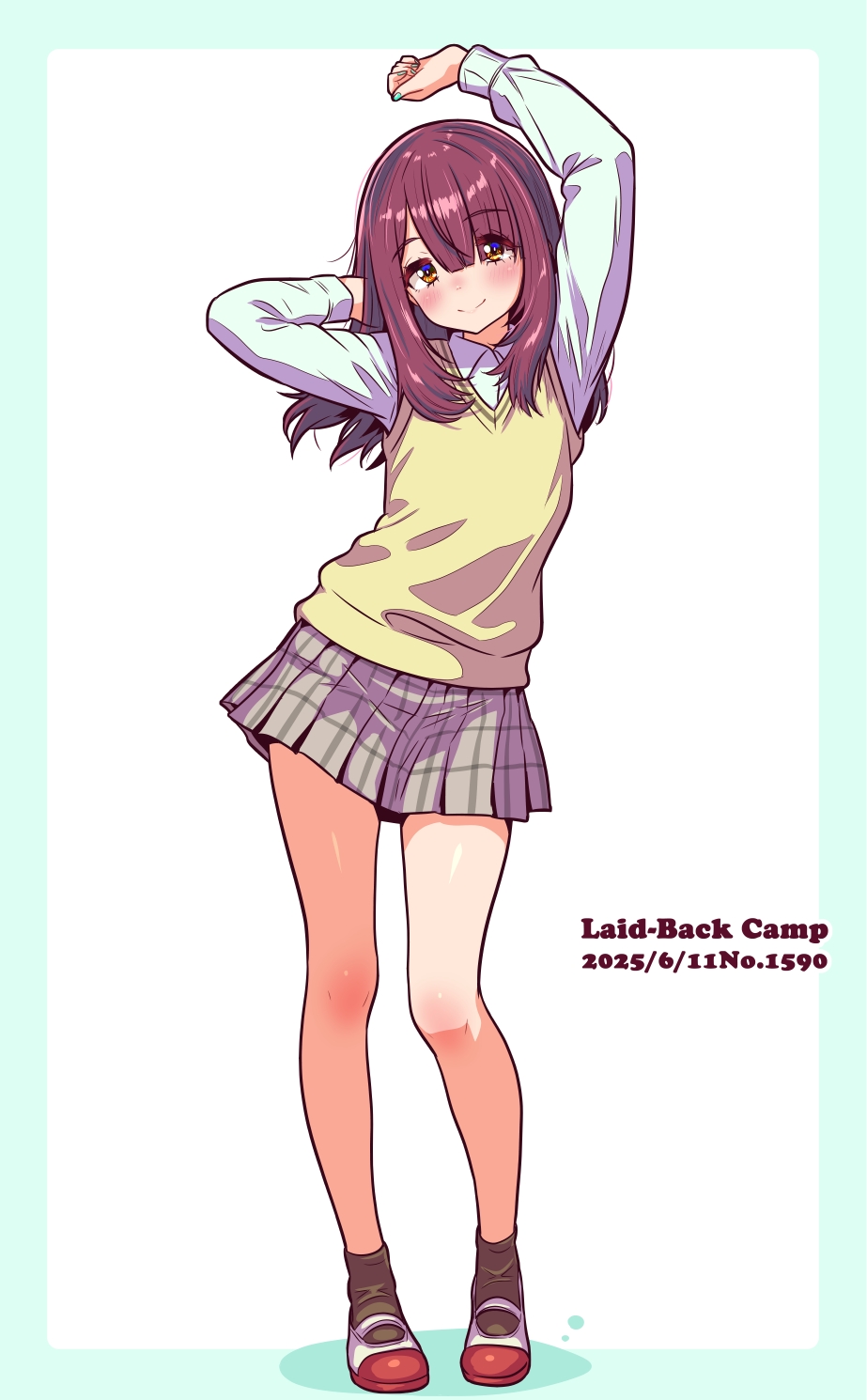 jagi (jagi souken), toki ayano, yurucamp, highres, 1girl, 2025, arm up, black socks, blue border, blue shirt, border, brown hair, copyright name, dated, full body, grey skirt, long hair, long sleeves, miniskirt, pleated skirt, school uniform, shiny skin, shirt, simple background, skirt, socks, solo, straight hair, sweater vest, white background, yellow sweater vest