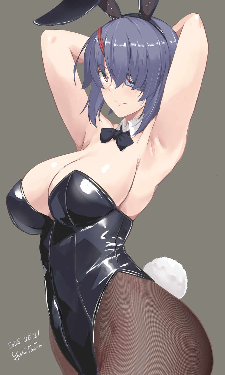 taira yuuki, tenryuu (kancolle), kantai collection, highres, 1girl, animal ears, arms behind head, artist name, bare shoulders, black leotard, bow, bowtie, breasts, brown background, brown pantyhose, cleavage, dated, detached collar, eyepatch, fake animal ears, large breasts, leotard, long hair, looking at viewer, pantyhose, playboy bunny, purple hair, rabbit ears, short hair, smile, solo, strapless, strapless leotard, traditional bowtie, wrist cuffs, yellow eyes