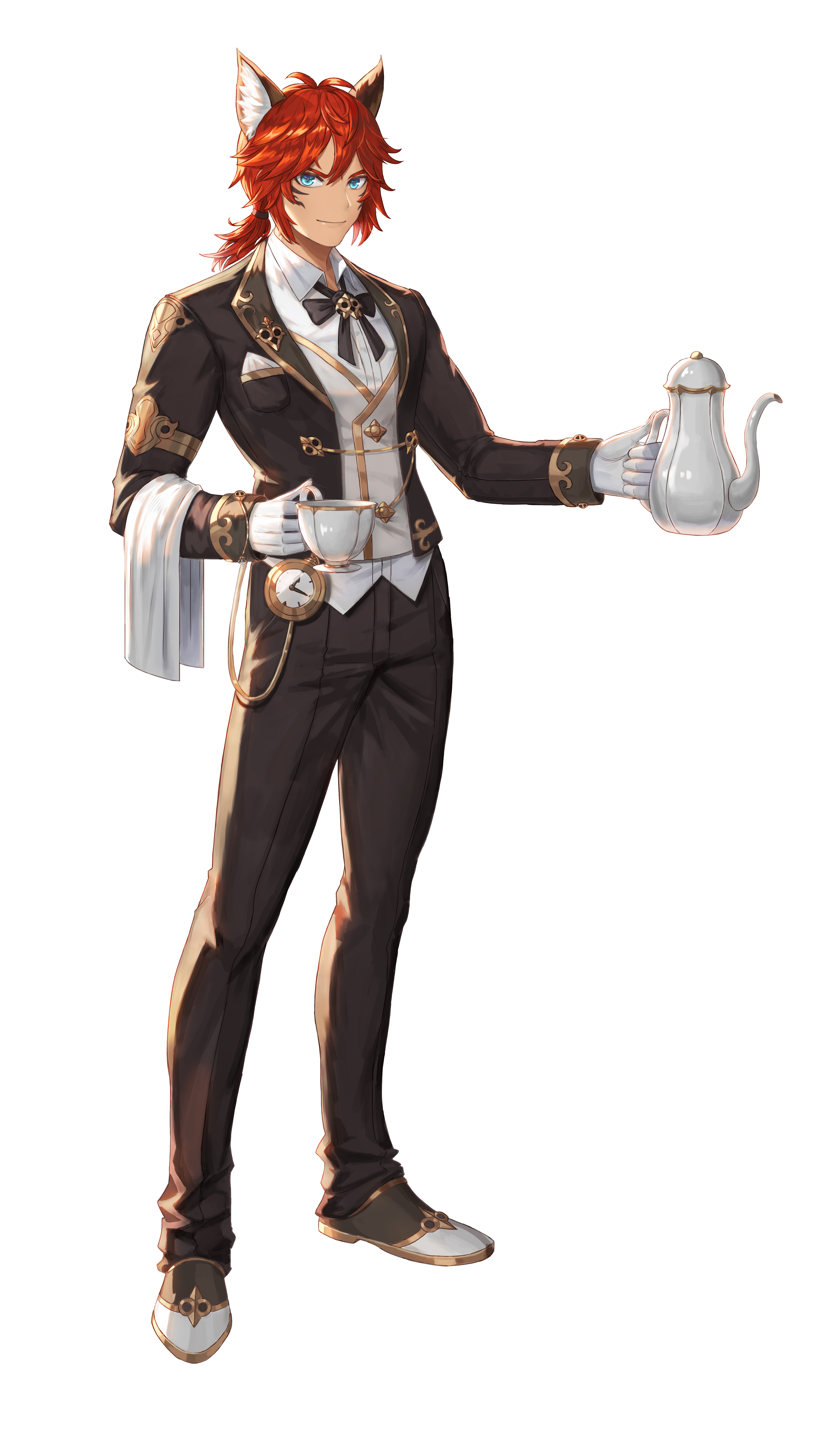 deepmaru, king's raid, absurdres, commentary, english commentary, highres, official art, 1boy, animal ear fluff, animal ears, black bow, black bowtie, black jacket, black pants, black shoes, black suit, blue eyes, bow, bowtie, breast pocket, brown trim, butler, cat boy, cat ears, cup, formal clothes, full body, gladi (king's raid), gloves, holding, holding cup, holding teapot, jacket, medium hair, official alternate costume, pants, pocket, pocket watch, ponytail, red hair, shirt, shoes, smile, solo, suit, teacup, teapot, towel, towel on arm, vest, watch, white gloves, white shirt, white shoes, white vest