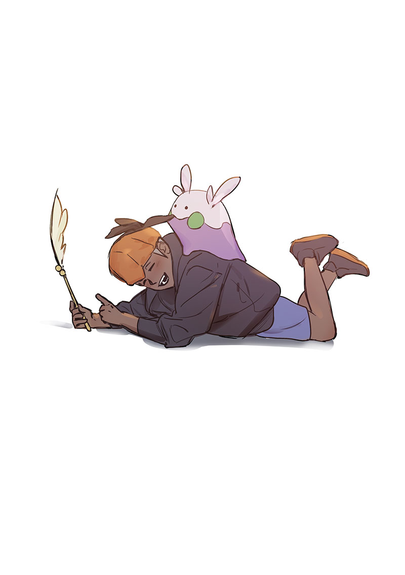 puppy 1ove, goomy, raihan (pokemon), nintendo, pokemon, pokemon swsh, 1boy, black jacket, black shoes, cat teaser, closed eyes, dark-skinned male, dark skin, full body, gen 6 pokemon, grabbing another's hair, happy, holding another's hair, jacket, long sleeves, lying, male focus, on stomach, open mouth, pokemon on back, shoes, short hair