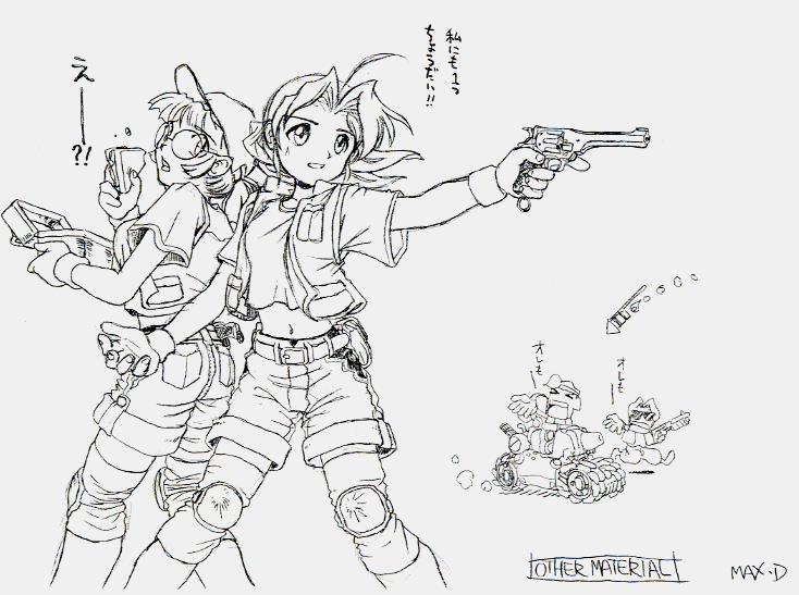 fio germi, kasamoto eri, marco rossi, tarma roving, metal slug, vehicle, official art, 2boys, 2girls, chibi, eating, glasses, greyscale, gun, handgun, hat, knee pads, midriff, military, military vehicle, monochrome, motor vehicle, multiple boys, multiple girls, navel, ponytail, revolver, shorts, tank, weapon