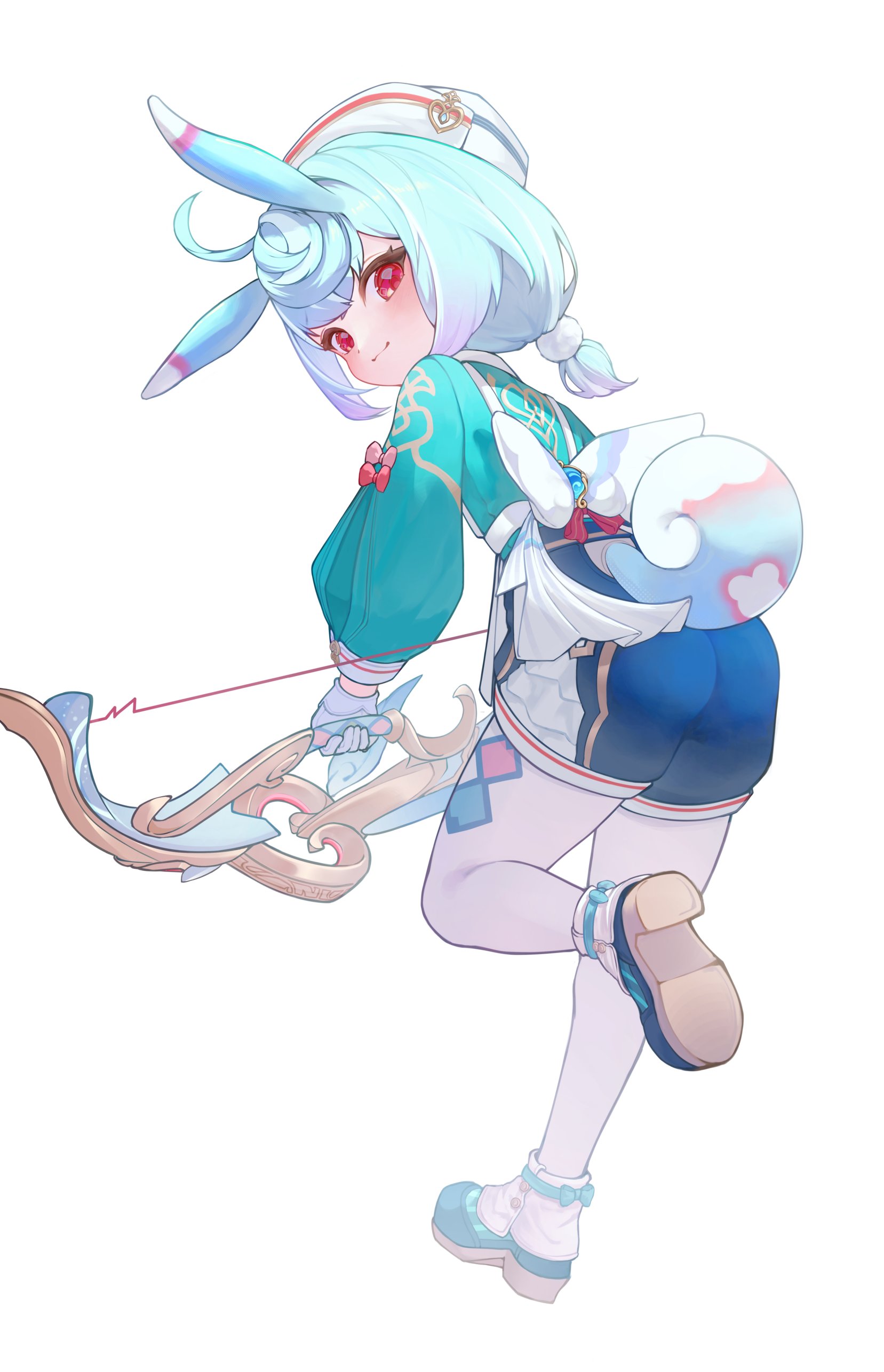 hyujjo, sigewinne (genshin impact), genshin impact, absurdres, highres, 1girl, ahoge, animal ears, ass, blue hair, blue shirt, blue shorts, blush, bow, bow (weapon), from behind, gloves, hair between eyes, hair ornament, hat, holding, holding bow (weapon), holding weapon, long sleeves, looking at viewer, looking back, low twintails, multicolored hair, nurse cap, pantyhose, red bow, red eyes, shirt, shoes, short hair, short shorts, shorts, simple background, smile, solo, twintails, weapon, white background, white gloves, white pantyhose, white shoes