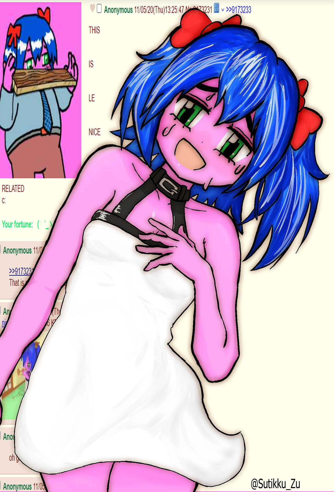 sutikku-zu, bury pink gril, 4chan, 1girl, artist name, black collar, blue hair, bow, breasts, cleavage, collar, collarbone, colored skin, dress, english text, green eyes, hair between eyes, hair bow, hand on own chest, head tilt, looking at viewer, open mouth, pink skin, red bow, small breasts, solo, standing, sweatdrop, thighs, twintails, upper body, white dress