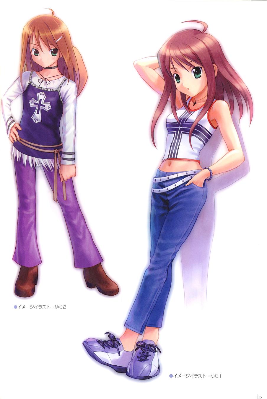 goto p, highres, ahoge, brown hair, casual, choker, cross, green eyes, latin cross, long hair, midriff, multiple views