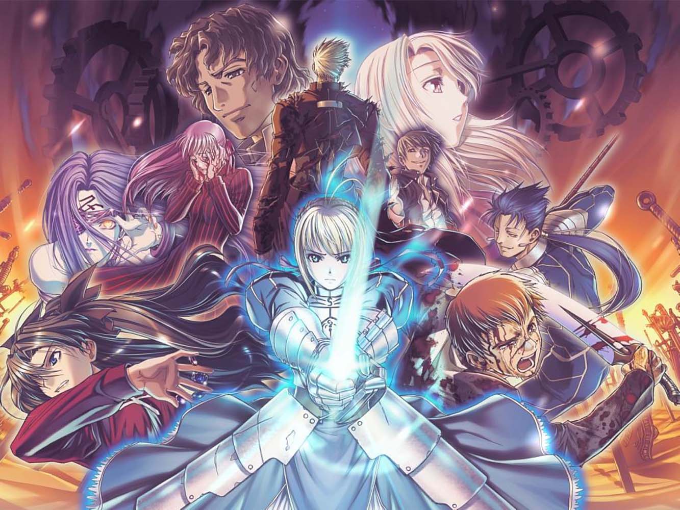hiroe rei, archer (fate), artoria pendragon (fate), cu chulainn (fate), cu chulainn (fate/stay night), dark sakura, emiya shirou, gilgamesh (fate), illyasviel von einzbern, kotomine kirei, matou sakura, medusa (fate), medusa (rider) (fate), saber (fate), tohsaka rin, fate/stay night, fate (series), light purple hair, striped, jpeg artifacts, resized, upscaled, 00s, 5boys, 5girls, ahoge, armor, armored dress, back, bare shoulders, between fingers, bleeding, blonde hair, blood, blood splatter, blue eyes, blue hair, brown eyes, brown hair, buckle, clenched teeth, coat, collage, corruption, cross, crying, dress, earrings, everyone, eyepatch, facial mark, floating hair, forehead mark, gae bolg (fate), gauntlets, gears, gem, glowing, glowing eyes, grin, hair over one eye, hair ribbon, hands on own face, holding, invisible air (fate), jewelry, kanshou & bakuya (fate), long hair, looking afar, multiple boys, multiple girls, nail polish, open mouth, overcoat, polearm, ponytail, puffy sleeves, red eyes, red hair, ribbon, sad, serious, short hair, shouting, smile, smirk, spear, square pupils, sword, tears, teeth, torn clothes, turtleneck, twintails, unlimited blade works (reality marble), vertical stripes, very long hair, weapon, wince, yellow eyes