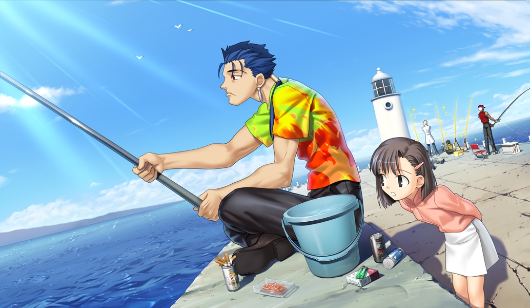 takeuchi takashi, archer (fate), cu chulainn (fate), cu chulainn (fate/stay night), gilgamesh (casual wear) (fate/stay night), gilgamesh (fate), mimi (fate/hollow ataraxia), fate/hollow ataraxia, fate/stay night, fate (series), game cg, 00s, 1girl, 4boys, blue hair, brown eyes, brown hair, bucket, can, cigarette, earrings, fishing, fishing rod, hair ornament, hairclip, hawaiian shirt, jewelry, lighter, lighthouse, multiple boys, official alternate costume, pier, red eyes, shirt, short hair, skirt