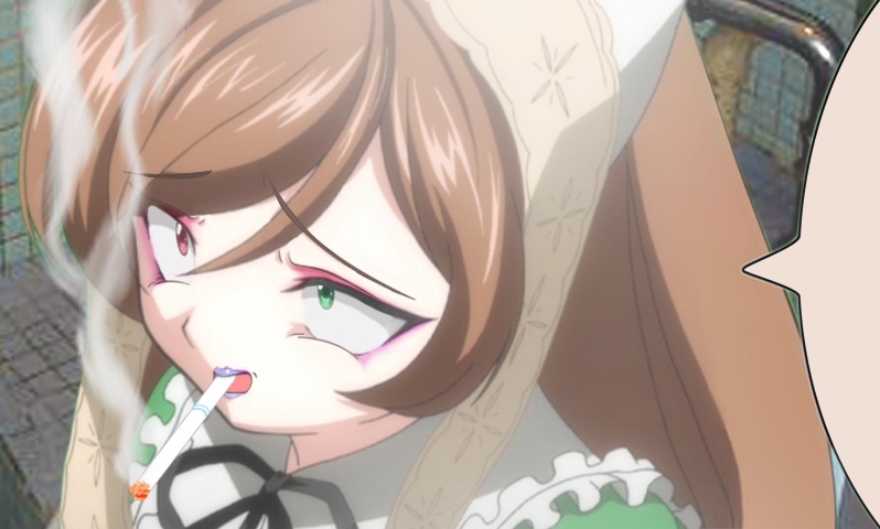suiseiseki, rozen maiden, anime screenshot, third-party edit, 00s, cigarette, headscarf, heterochromia, smoking, solo, speech bubble, white headscarf