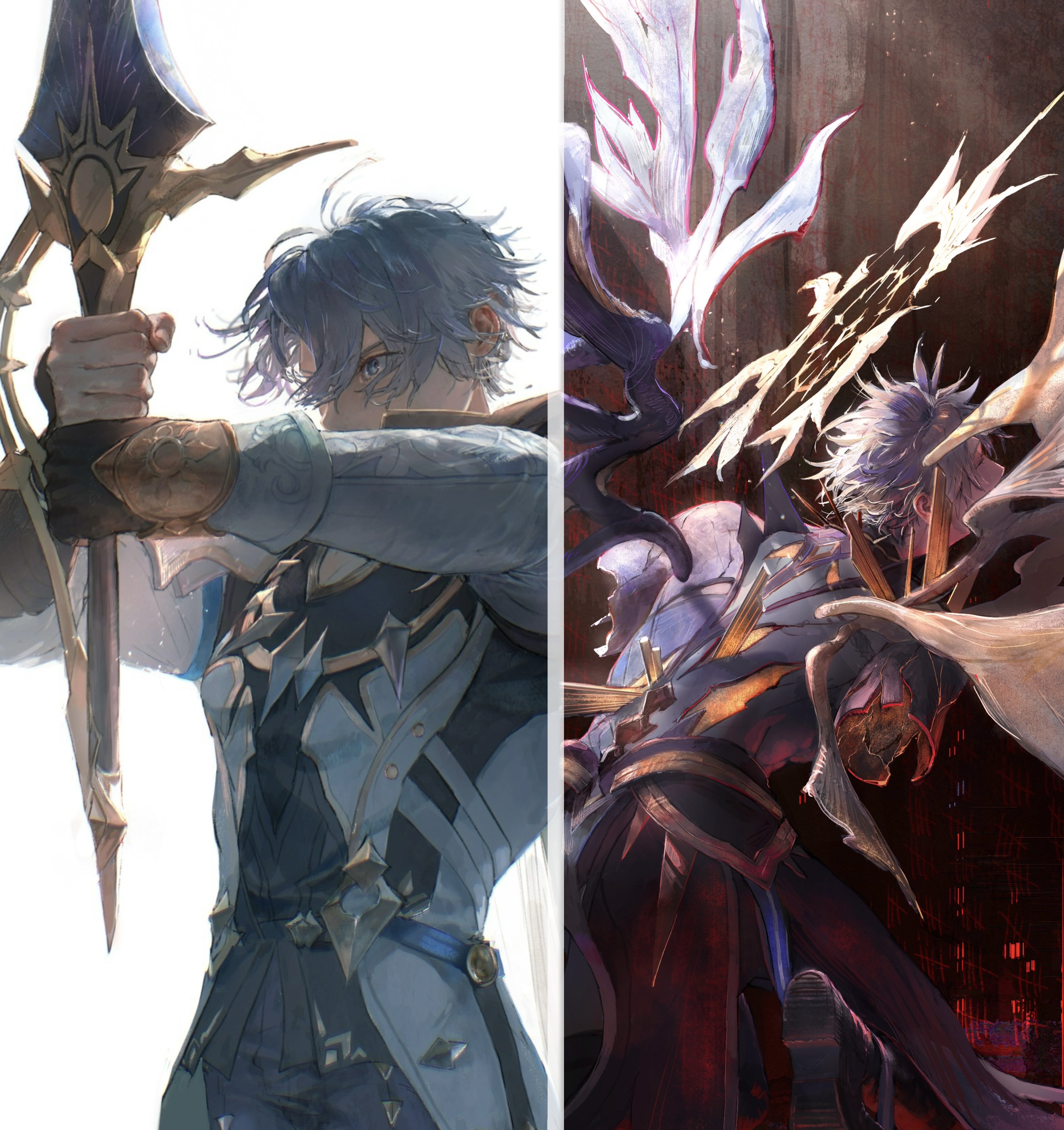 aonon 040, phainon (honkai: star rail), honkai: star rail, honkai (series), absurdres, highres, 1boy, alternate form, amputee, armor, back, black pants, blonde hair, blue eyes, cat, grey hair, hair between eyes, halo, halo behind head, holding, holding sword, holding weapon, male focus, multiple views, pants, pauldrons, shirt, short hair, shoulder armor, single pauldron, sword, torn clothes, torn shirt, weapon, white background, white cat, wings