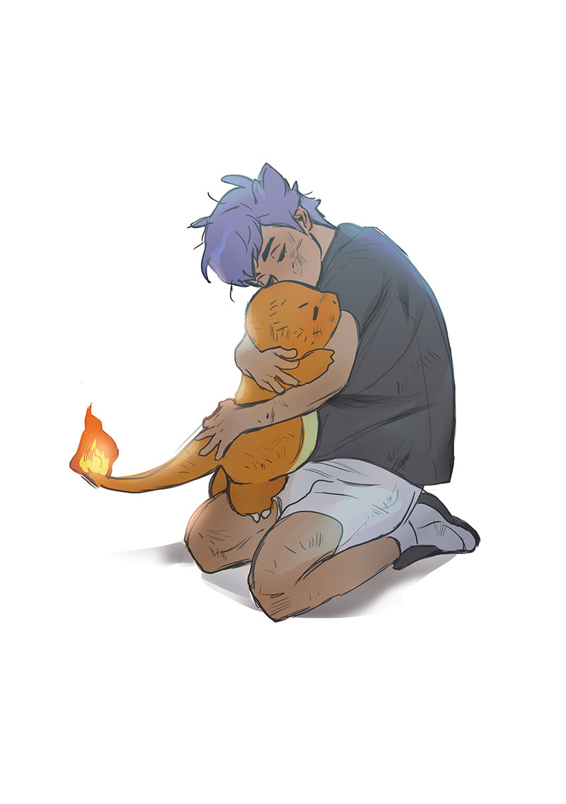 puppy 1ove, charmander, leon (pokemon), nintendo, pokemon, pokemon swsh, 1boy, animal, animal hug, closed eyes, dark-skinned male, dark skin, fire, flame-tipped tail, gen 1 pokemon, hug, injury, kneeling, male focus, pokemon (creature), purple hair, short hair, shorts, simple background, tail, white background
