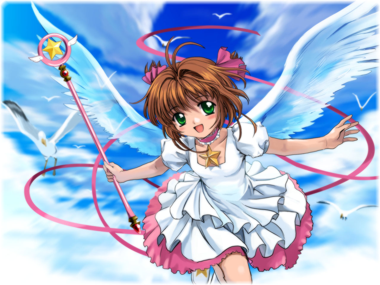 mutsuki (moonknives), kinomoto sakura, kinomoto sakura (astral sakura), cardcaptor sakura, kodansha, 1990s (style), 1girl, blush, brown hair, cloud, day, dress, female focus, green eyes, holding, holding wand, hoshi no tsue, magical girl, retro artstyle, sky, solo, wand, wings