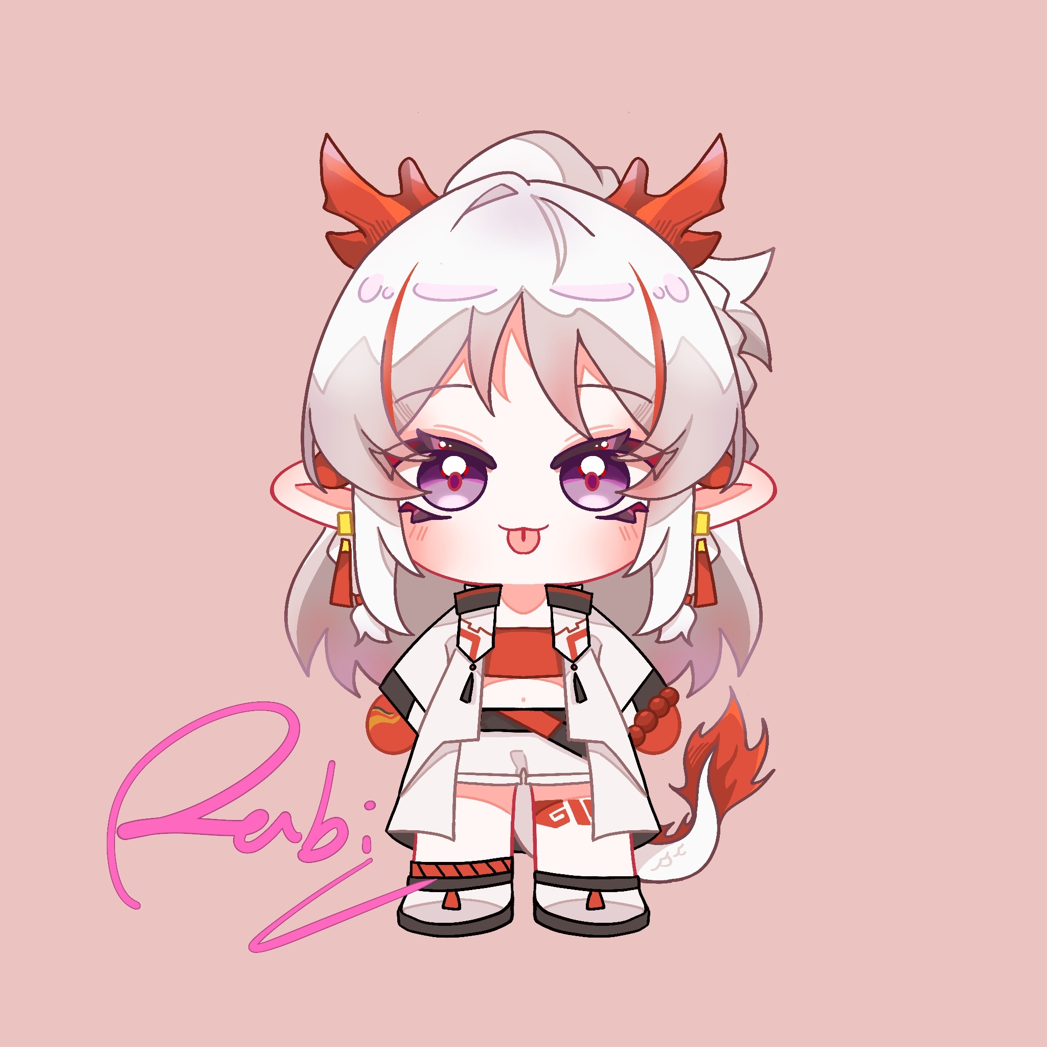 nian (arknights), arknights, chinese commentary, commentary request, highres, 1girl, :p, arms at sides, beads, blush, chibi, chibi only, closed mouth, coat, dragon girl, dragon horns, dragon tail, earrings, full body, grey hair, horns, jewelry, looking at viewer, multicolored hair, no nose, open clothes, open coat, orange hair, pink background, pointy ears, purple eyes, shorts, signature, simple background, smile, solo, standing, streaked hair, tail, tongue, tongue out, white coat, white hair, white shorts, wubai da tu rabi