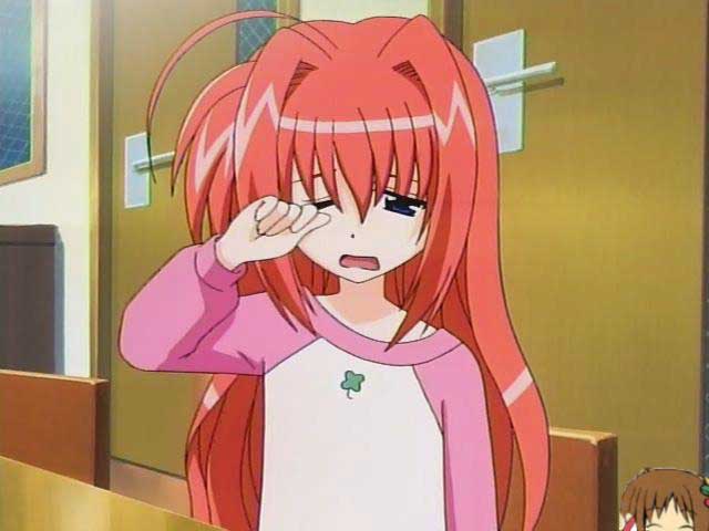 vita (nanoha), waha, yamato suzuran, lyrical nanoha, mahou shoujo lyrical nanoha, mahou shoujo lyrical nanoha a's, suigetsu, anime screenshot, third-party edit, 00s, ahoge, raglan sleeves, sleepy