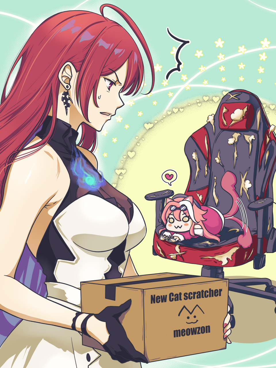 zaki zaki zaki, elizabeth rose bloodflame, elizabeth rose bloodflame (1st costume), raora panthera, raora panthera (1st costume), hololive, hololive english, highres, 2girls, ahoge, black gloves, blush stickers, box, cardboard box, chair, earrings, gaming chair, gloves, goggles, goggles on head, heart, jewelry, long hair, multiple girls, pink hair, red eyes, red hair, scratched, spoken heart, sweatdrop, swivel chair, tail, tail wagging, virtual youtuber